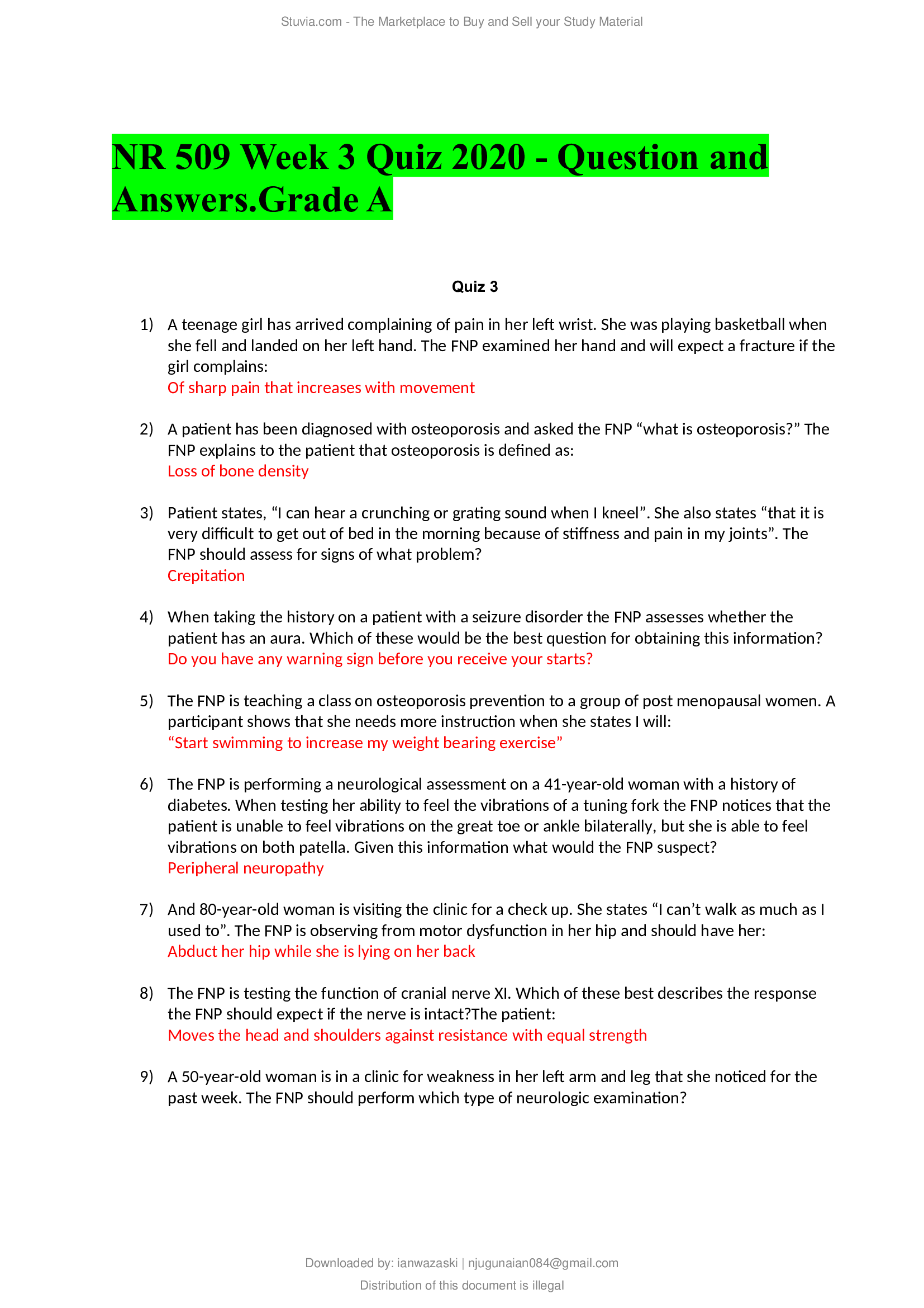 NR 509 Week 3 Quiz - Question and Answers. Grade A