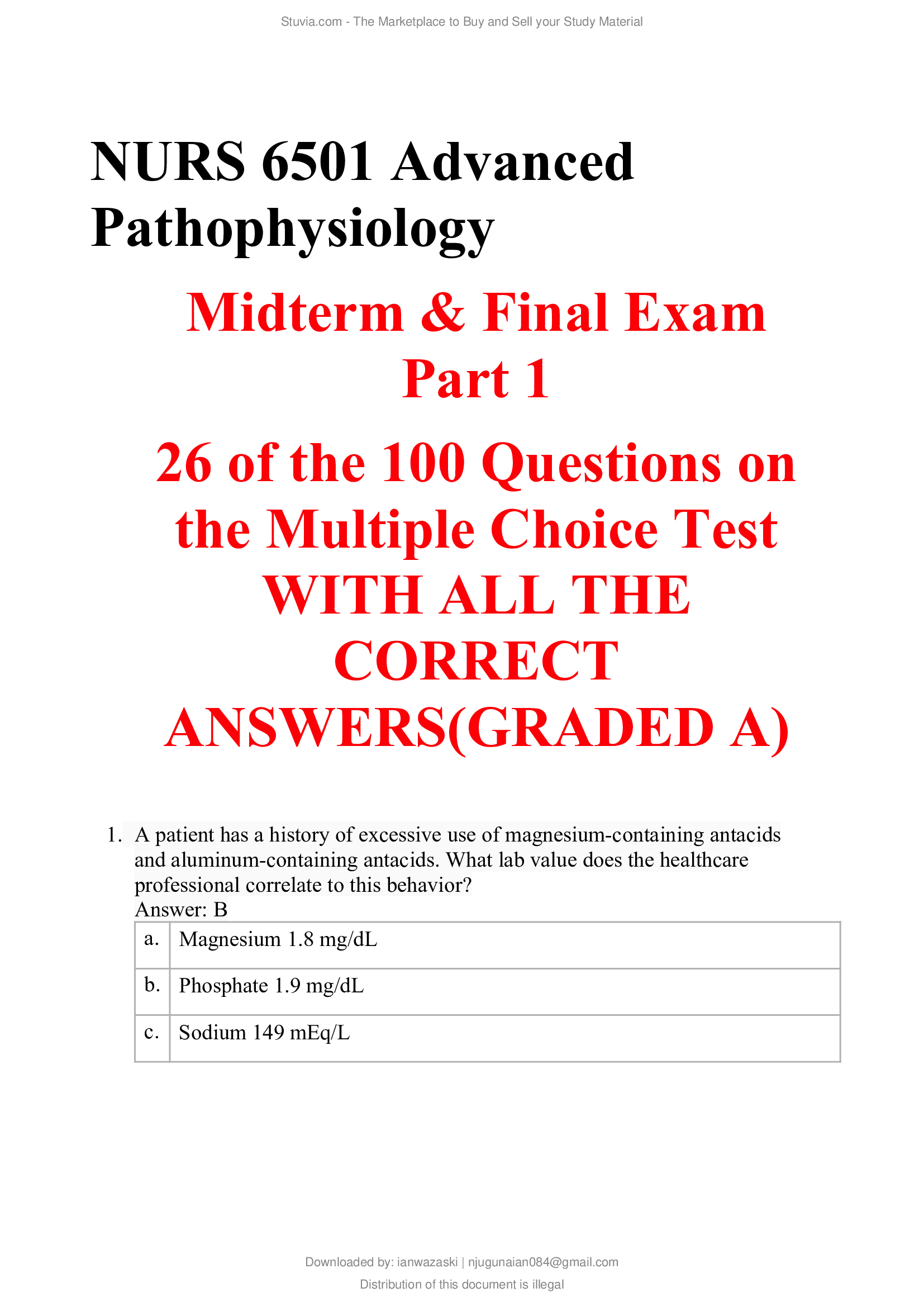 NURS 6501 Advanced Pathophysiology Midterm & Final Exam Part 1 26 of the 100 Questions on the Multiple Choice Test WITH ALL THE CORRECT ANSWERS(GRADED A)