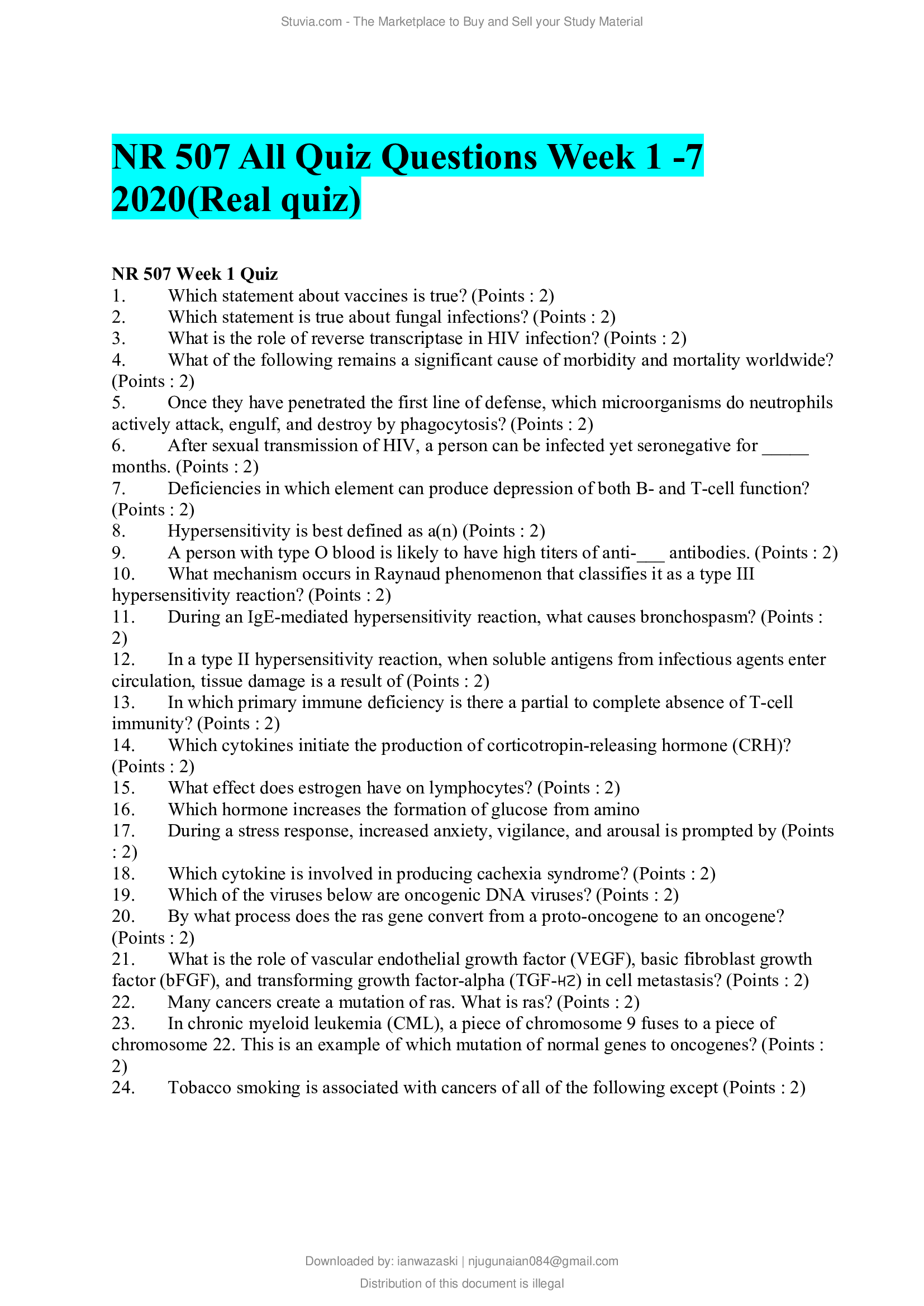 NR 507 All Quiz Questions Week 1 -7 2020 (Real quiz)