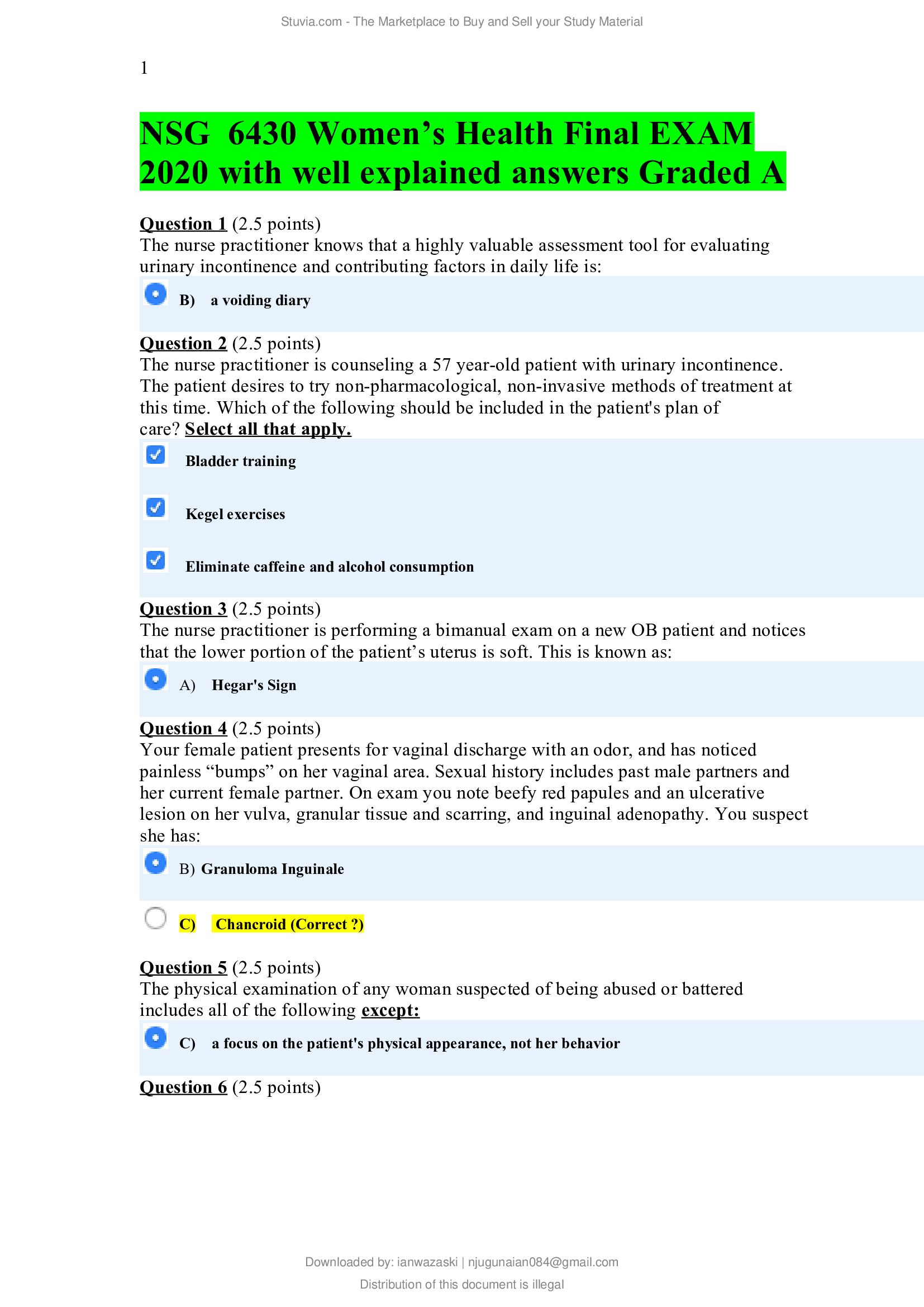 NSG  6430 Women’s Health Final EXAM 2020 with well explained answers Graded A