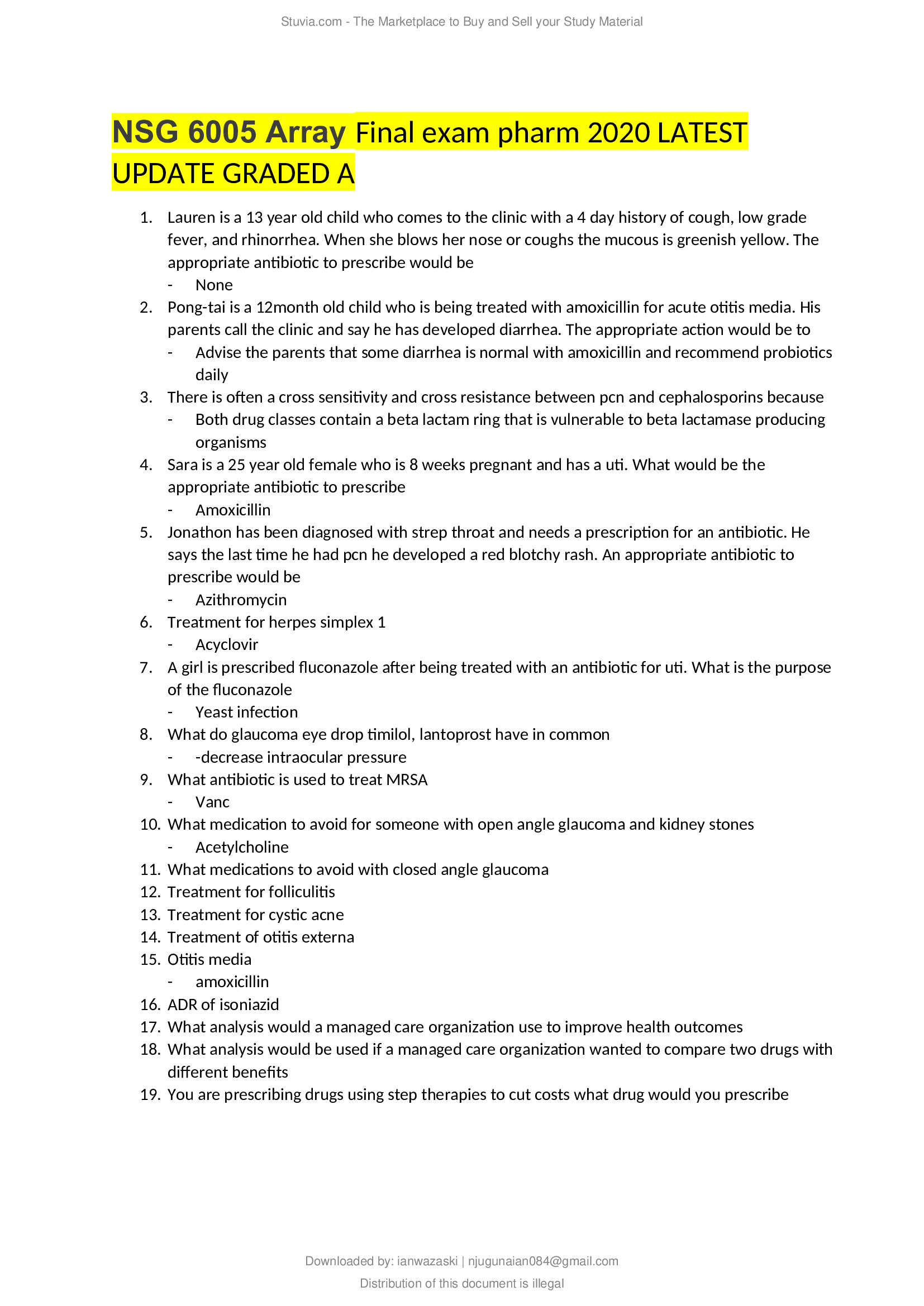 NSG 6005 Array Final exam pharm 2020 LATEST UPDATE GRADED A