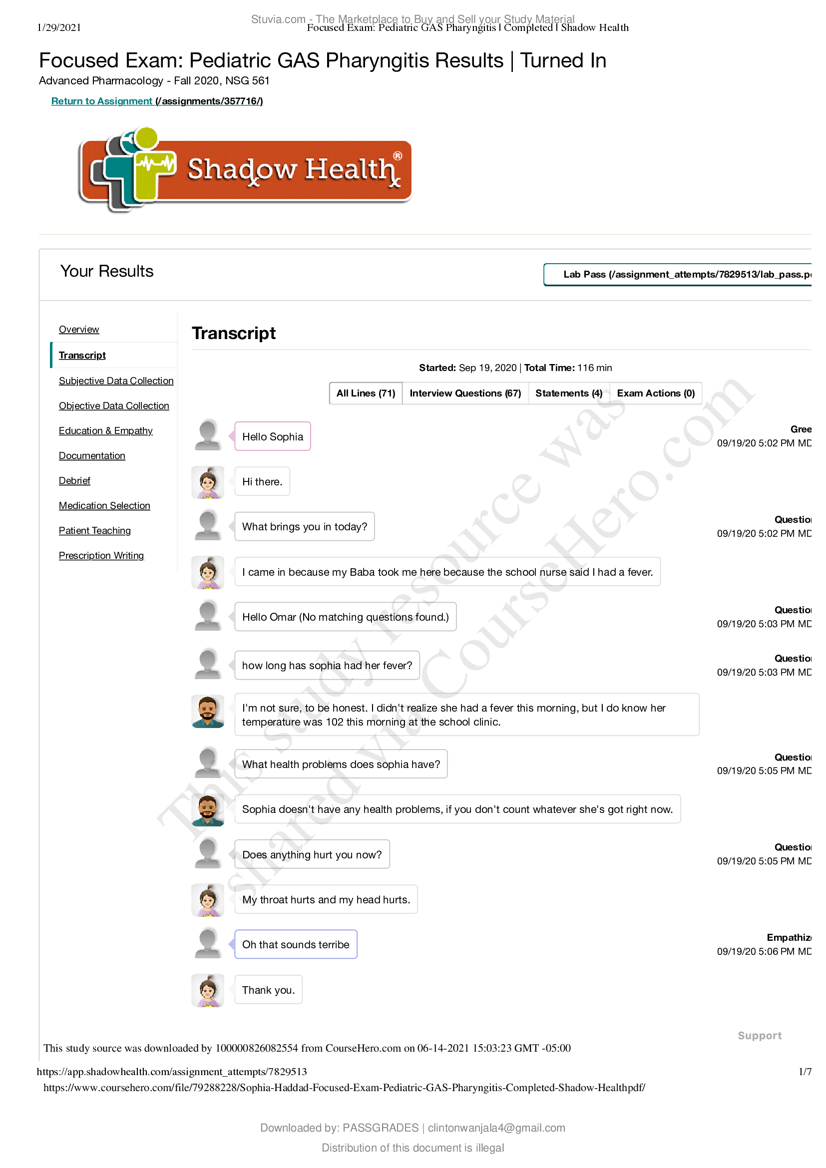 Sophia Haddad Focused Exam Pediatric GAS Pharyngitis Completed Shadow Health-Transcript 2021