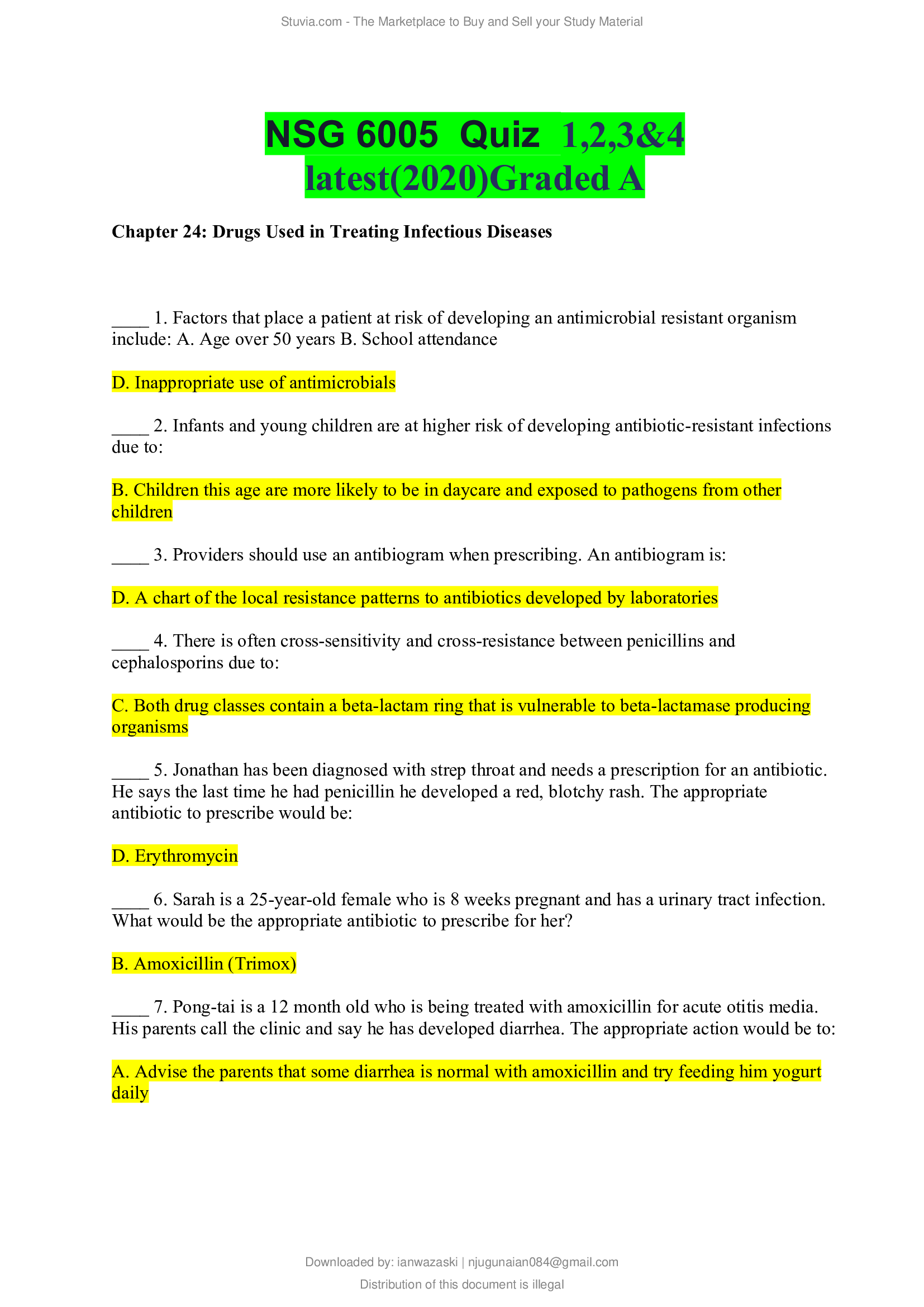NSG 6005  Quiz  1, 2, 3 & 4 latest (2020) Graded A