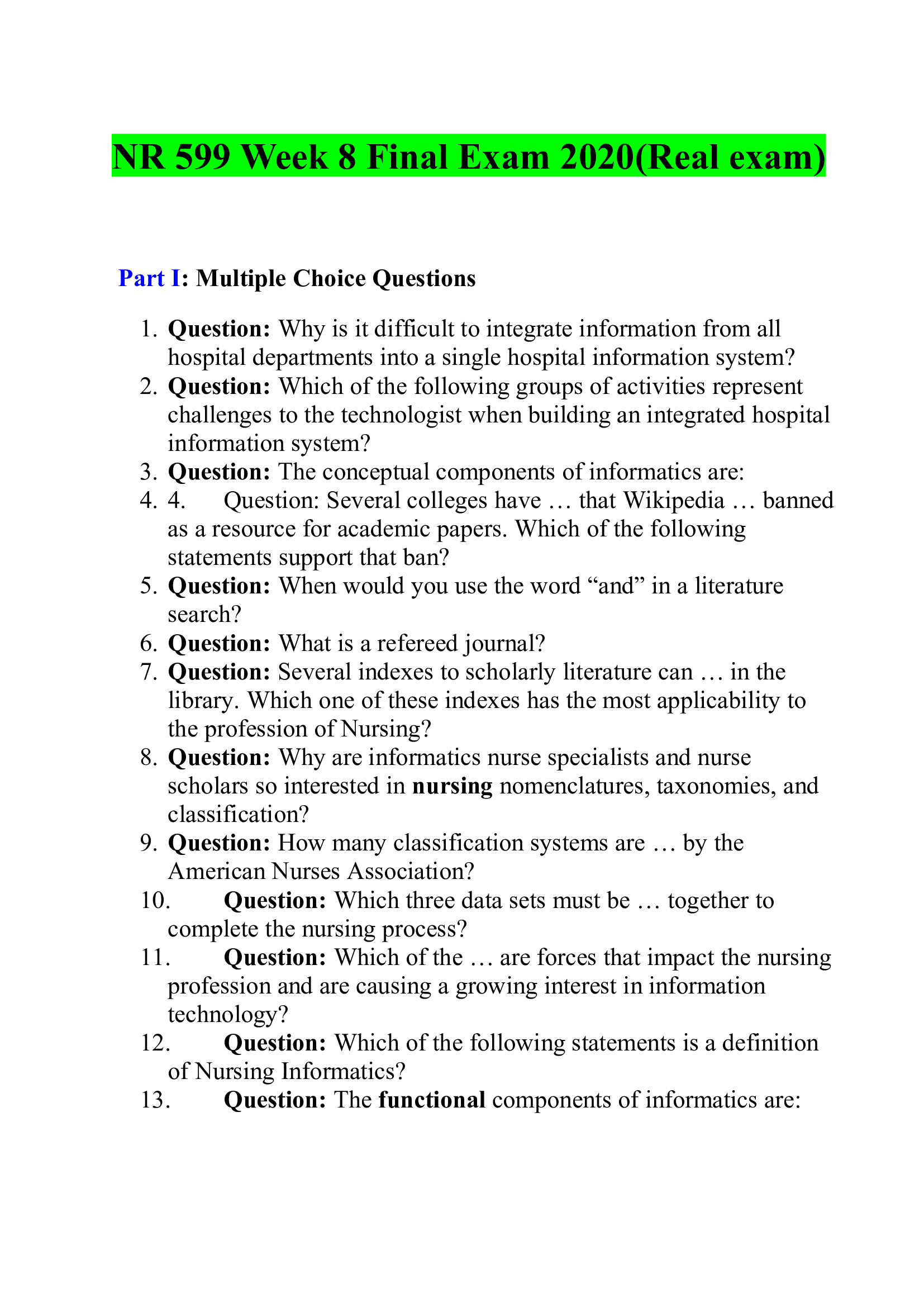 NR 599 Week 8 Final Exam 2020 (Real exam)