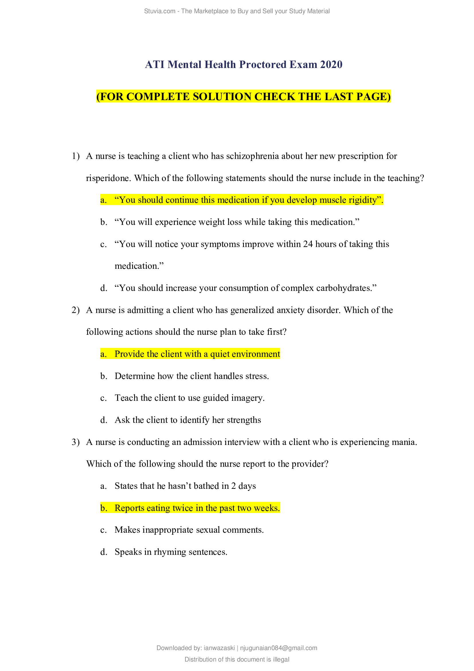 ATI Mental Health Proctored Exam 2020