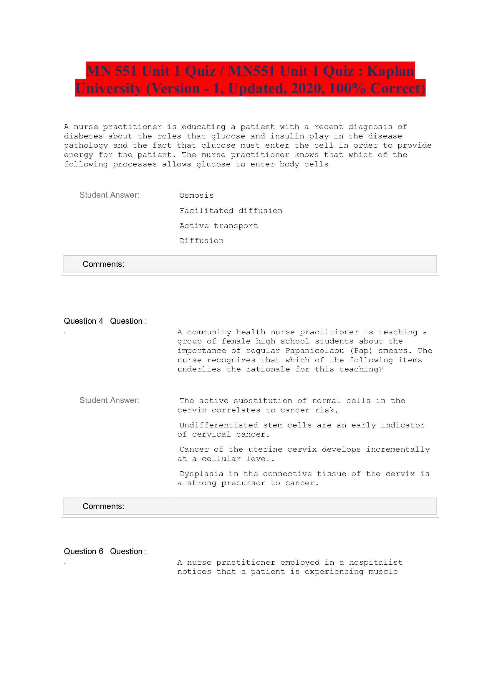 MN 551 Unit 1 Quiz: MN551 Unit 1 Quiz ; Kaplan University (Version - 1, Updated, 2020, 100% Correct)