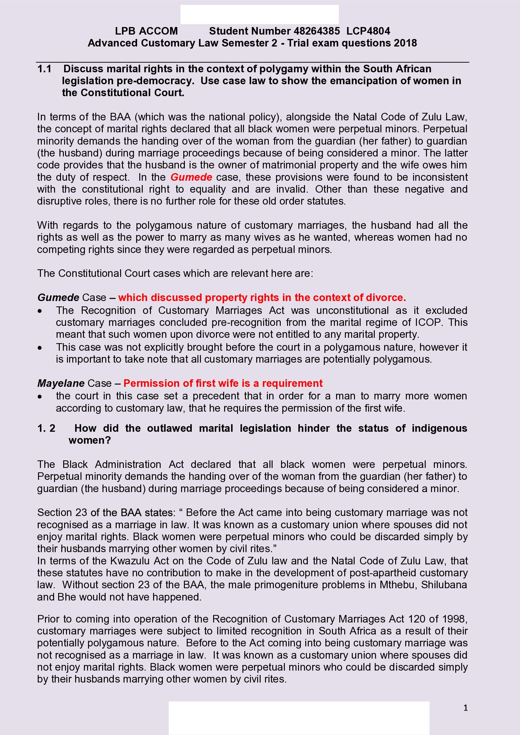 LCP4804 - Advanced Indigenous Law Summary Notes Trial Exam and Answers 2021