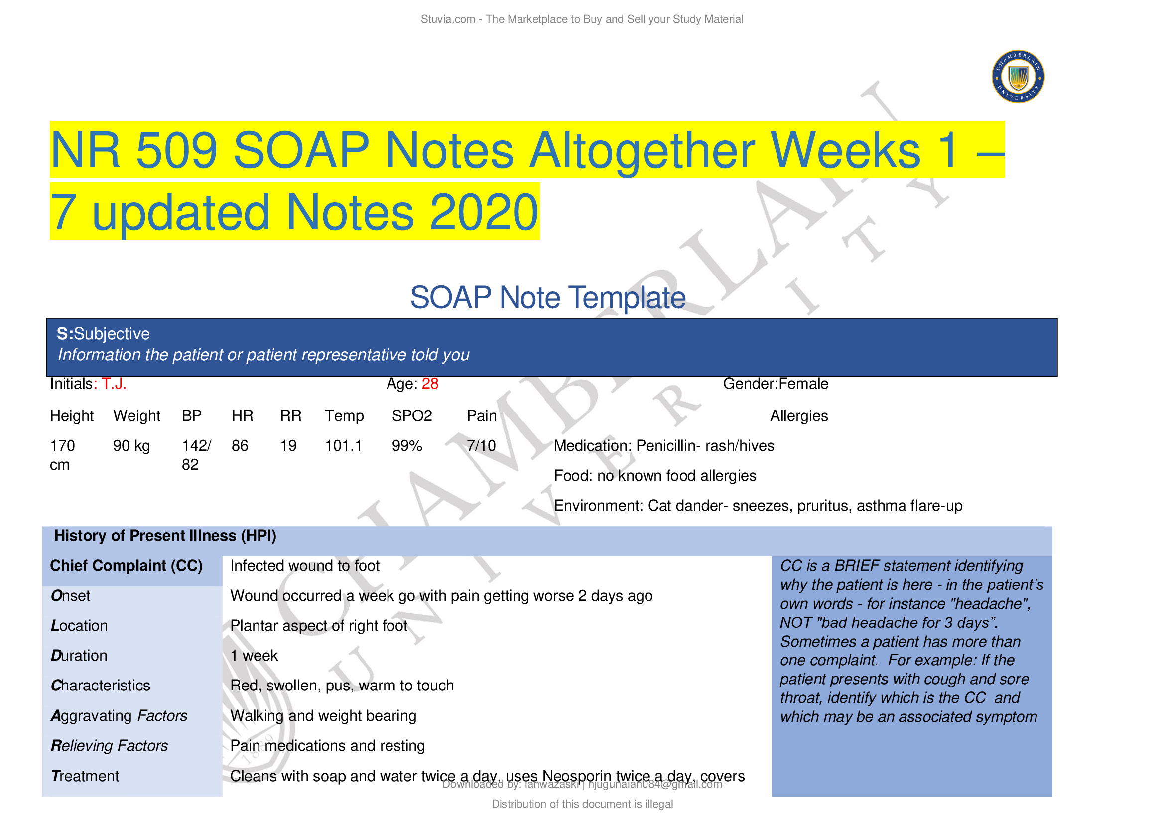 NR 509 SOAP Notes Altogether Weeks 1 – 7 updated Notes Chamberlain University