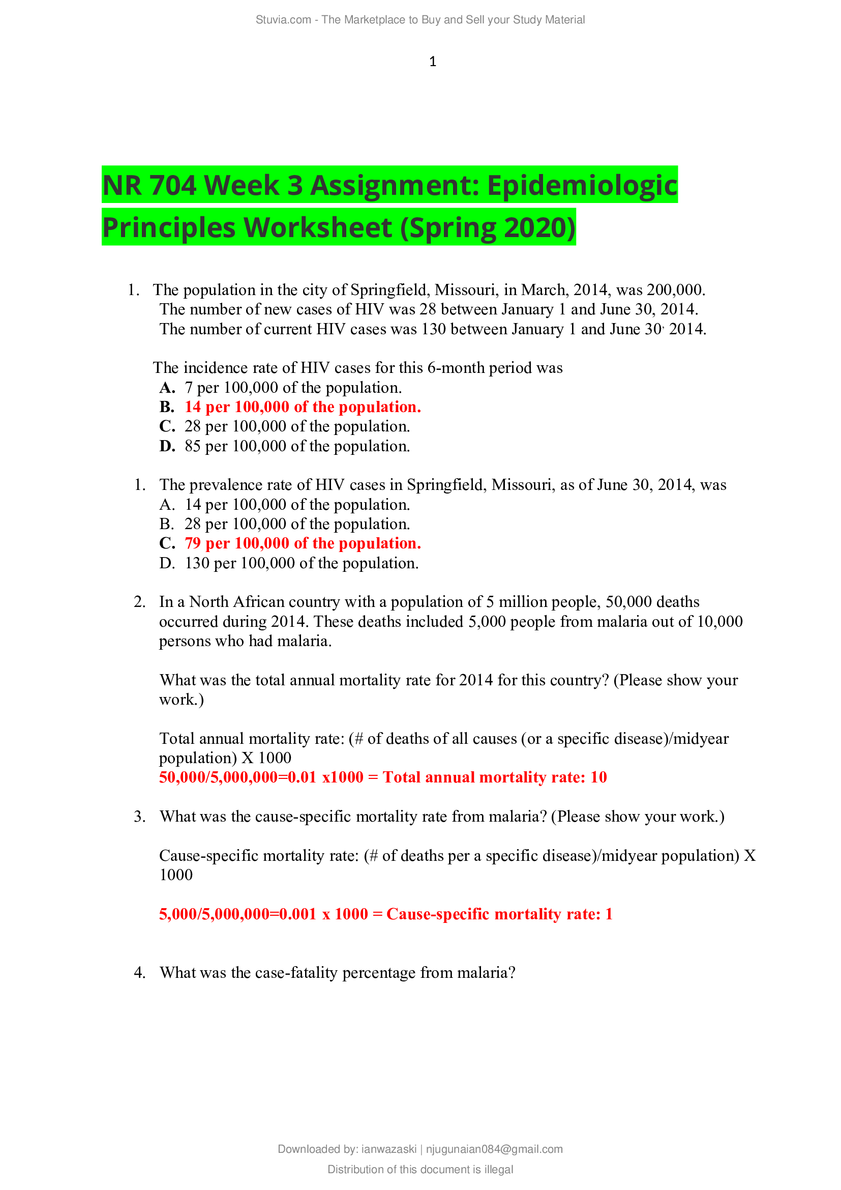 NR 704 Week 3 Assignment; Epidemiologic Principles Worksheet (Spring 2020)