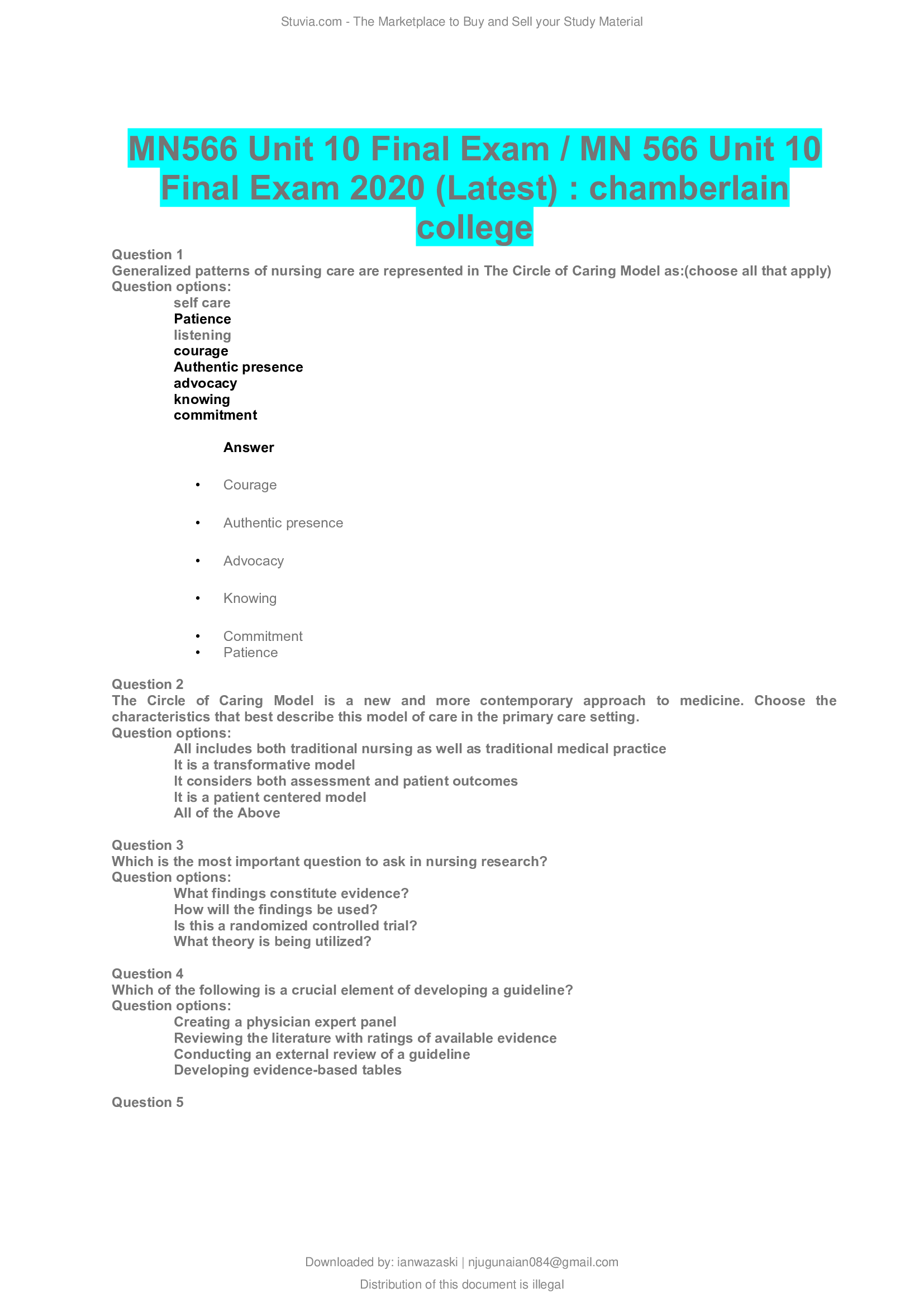 MN566 Unit 10 Final Exam , MN 566 Unit 10 Final Exam 2020 (Latest) ; chamberlain college