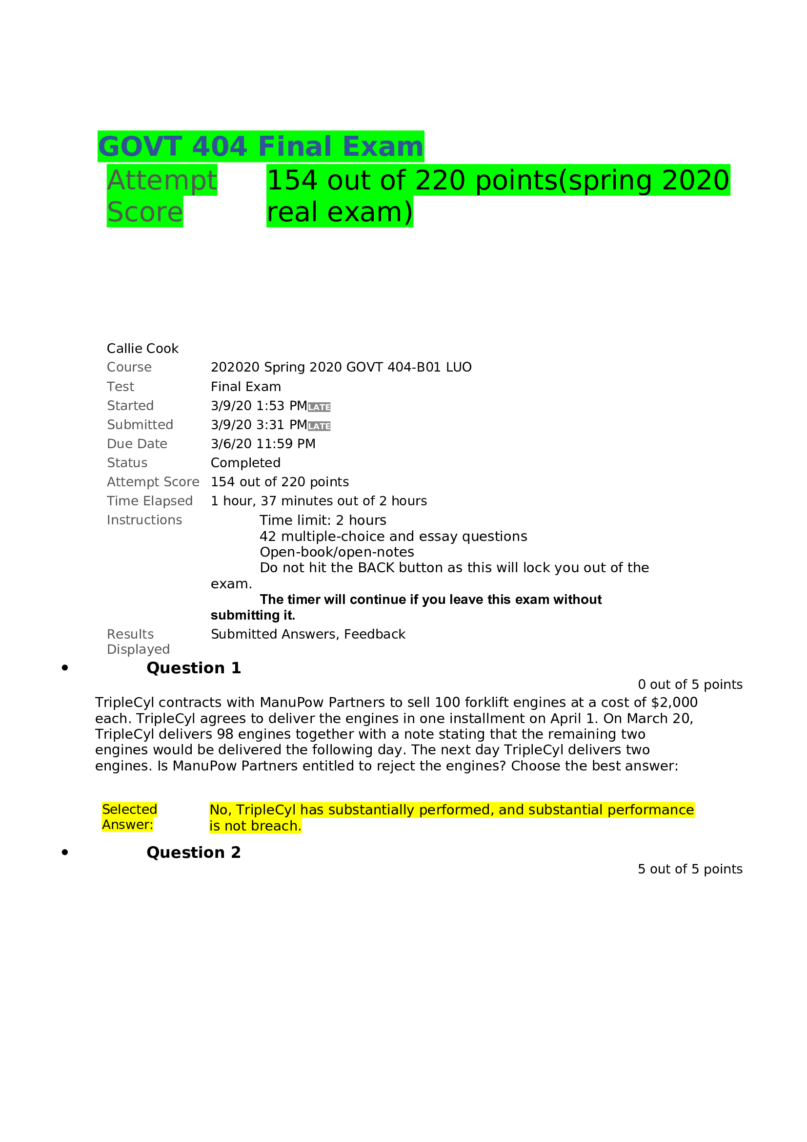 GOVT 404 Final Exam   Attempt Score 154 out of 220 points(spring 2020 real exam)