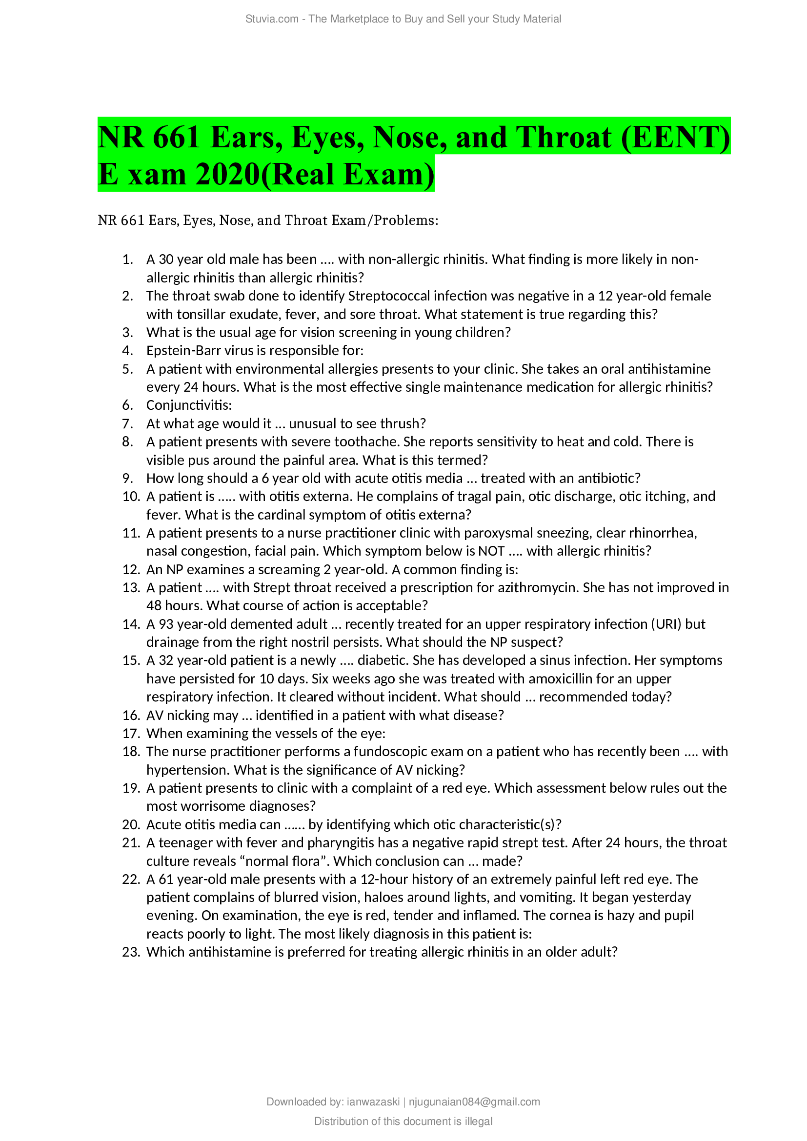 NR 661 Ears, Eyes, Nose, and Throat (EENT) Exam 2020 (Real Exam)