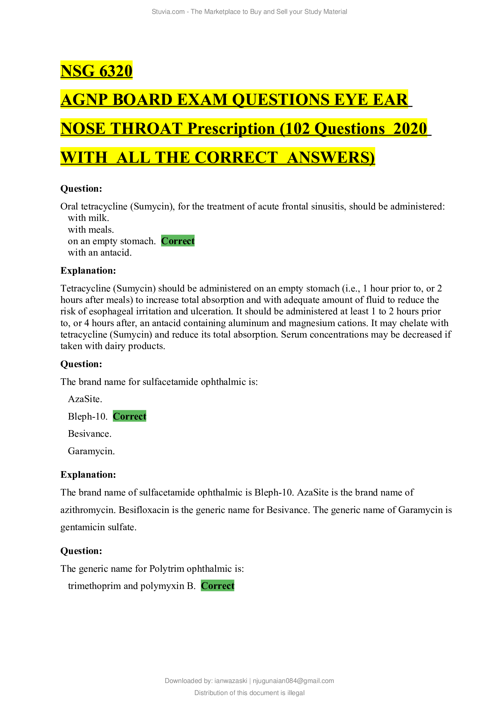 NSG 6320 AGNP BOARD EXAM QUESTIONS EYE EAR NOSE THROAT Prescription (102 Questions  2020 WITH ALL THE CORRECT  ANSWERS)