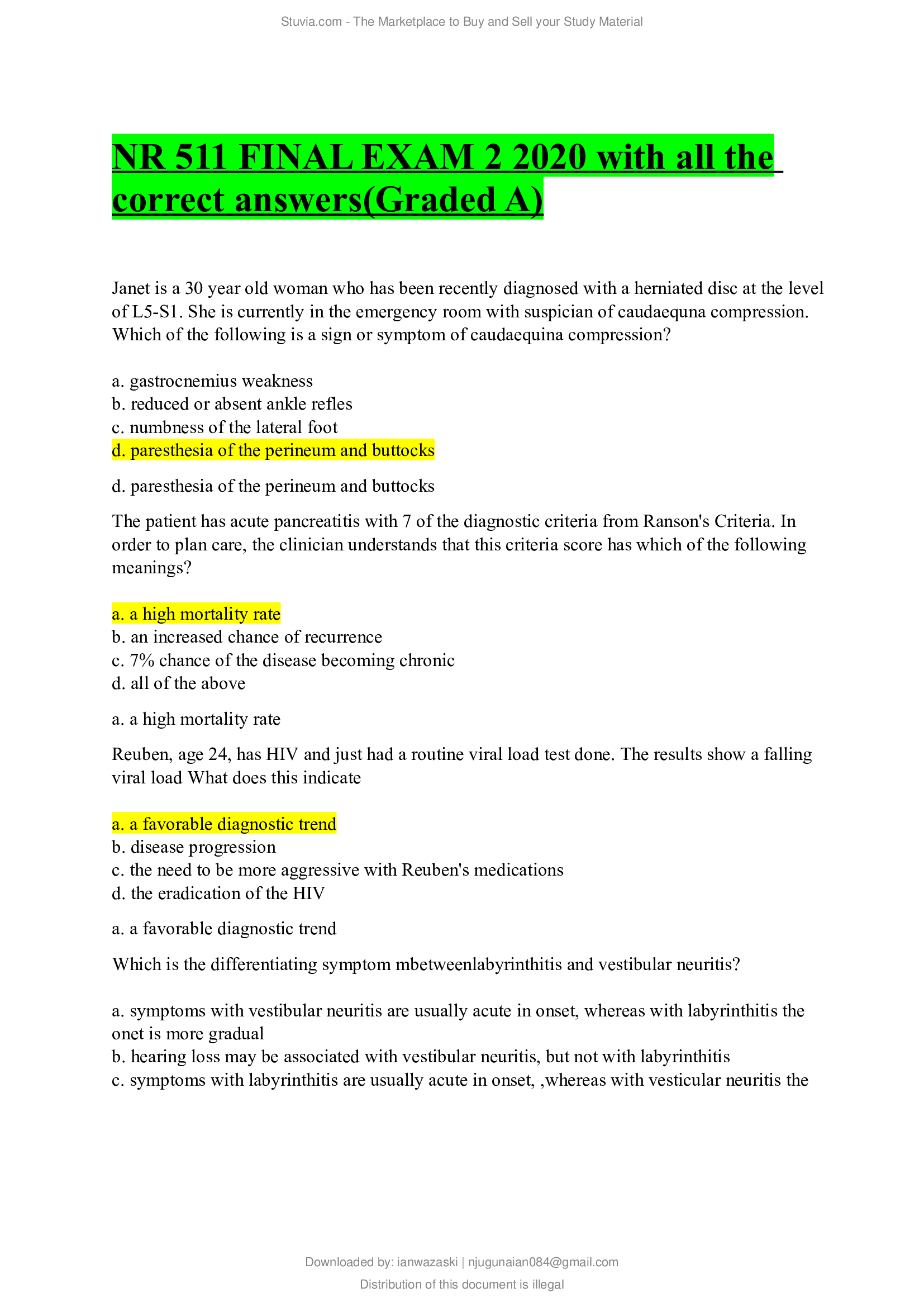 NR 511 FINAL EXAM 2 2020 with all the correct answers (Graded A)