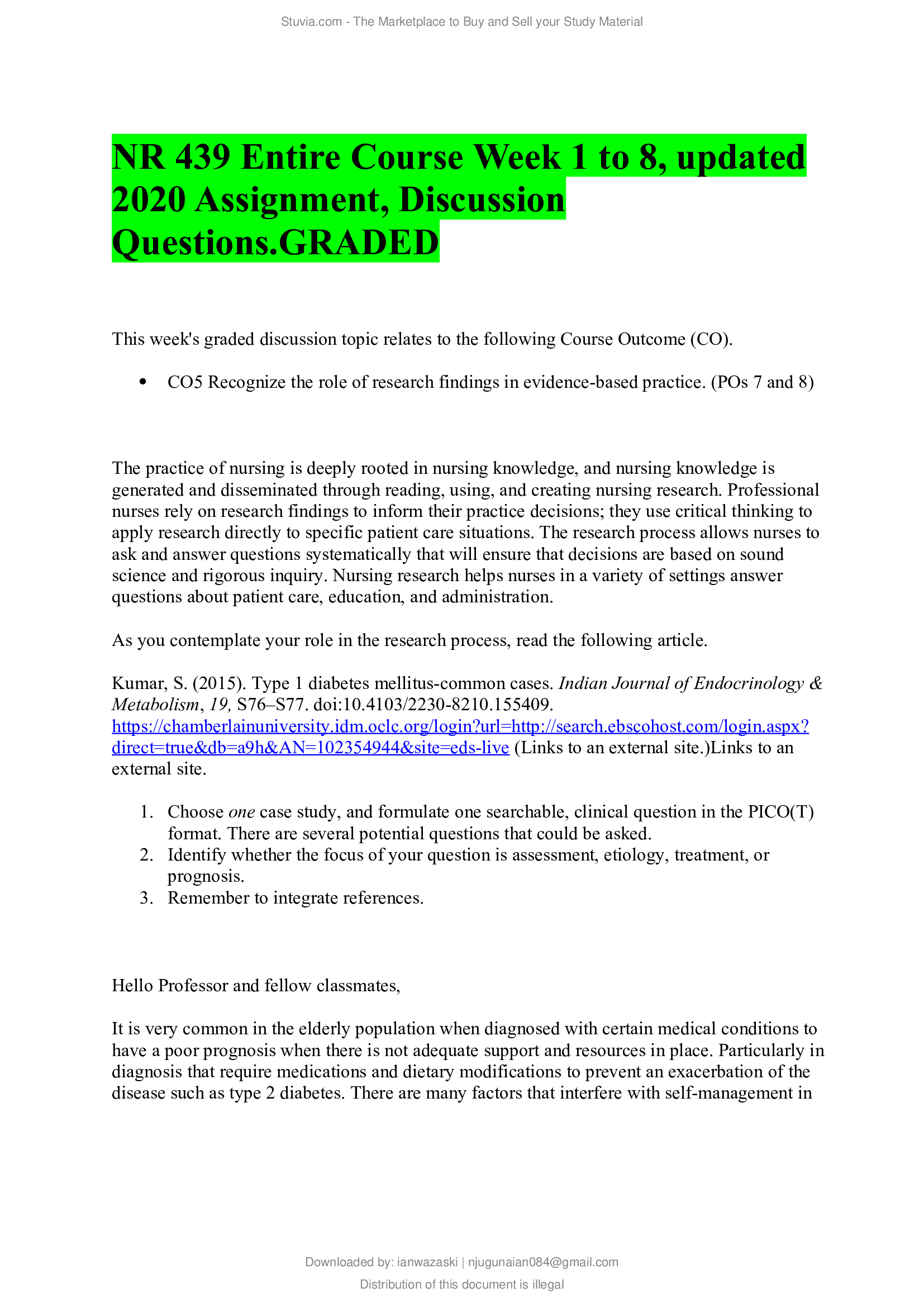 NR 439 Entire Course Week 1 to 8, updated 2020 Assignment, Discussion Questions. GRADED