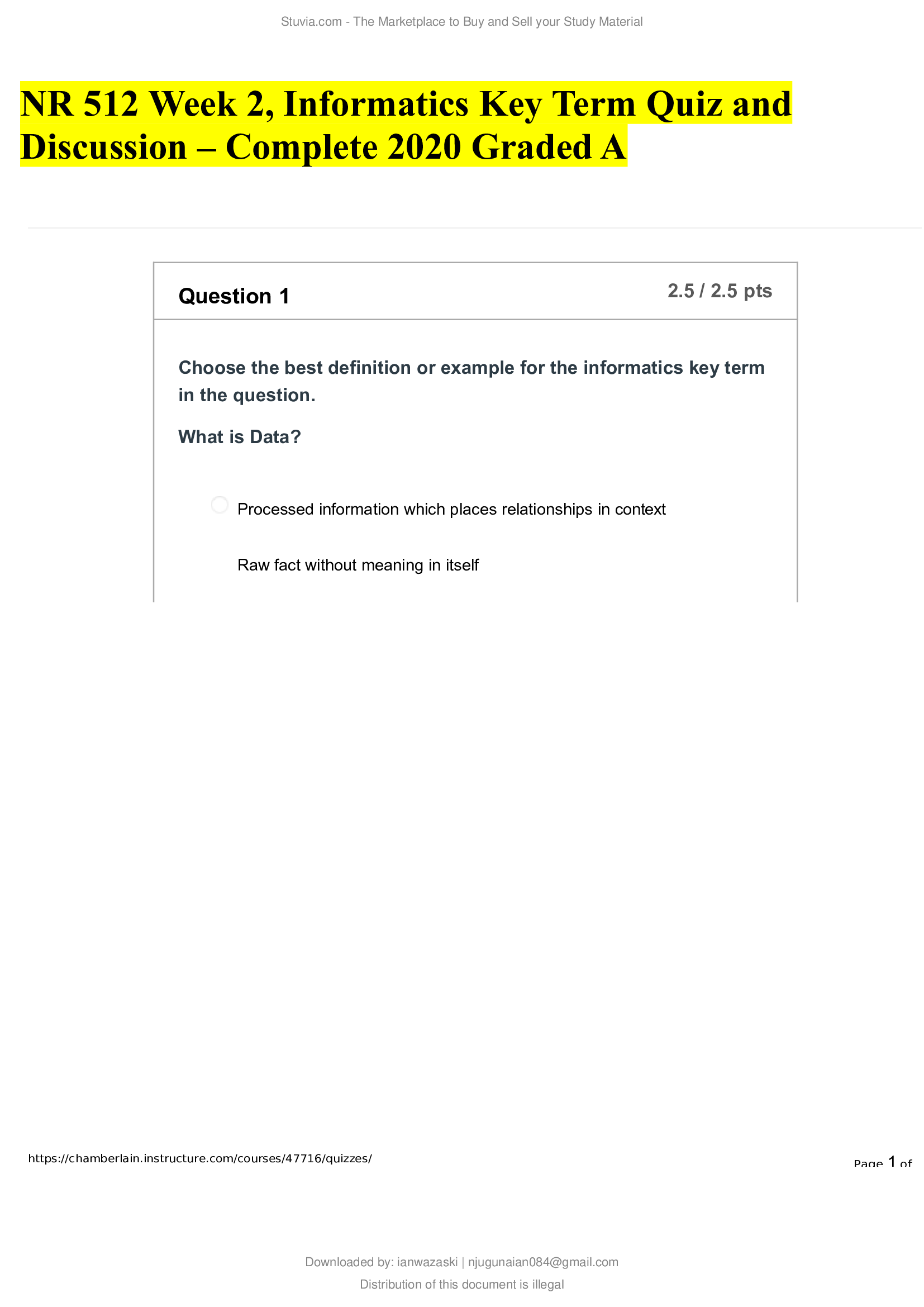 NR 512 Week 2, Informatics Key Term Quiz and Discussion – Complete 2020 Graded A