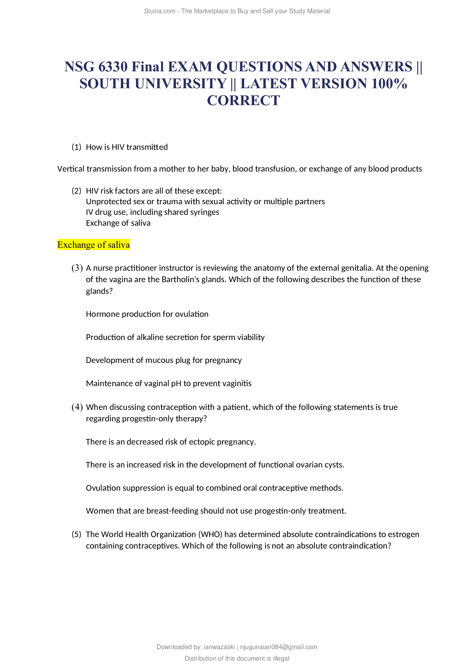 NSG 6330 Final EXAM QUESTIONS AND ANSWERS , SOUTH UNIVERSITY , LATEST VERSION 100% CORRECT