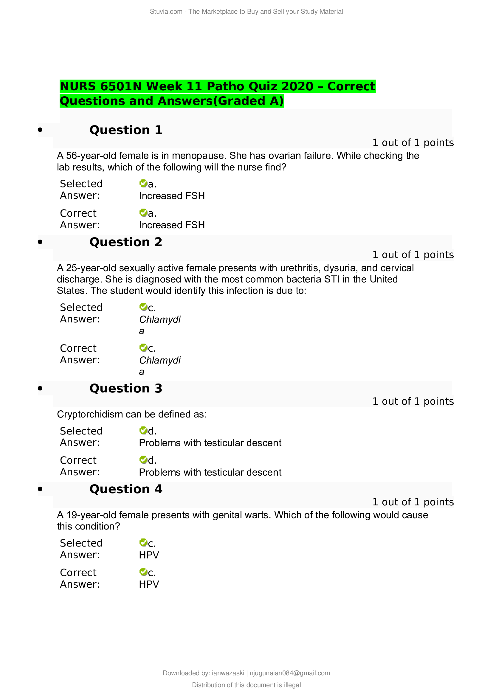 NURS 6501N Week 11 Patho Quiz 2020 – Correct Questions and Answers(Graded A)