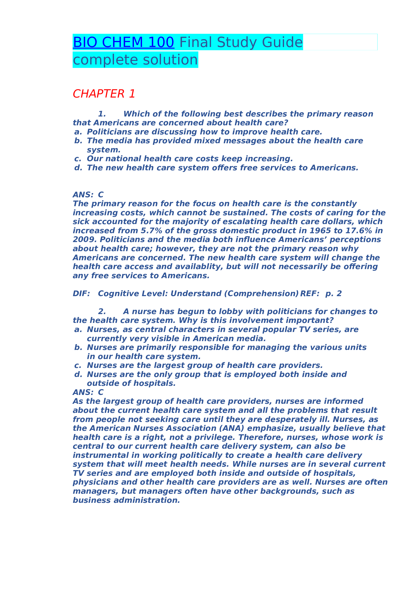 BIO CHEM 100 Final Study Guide 2022 with complete solution