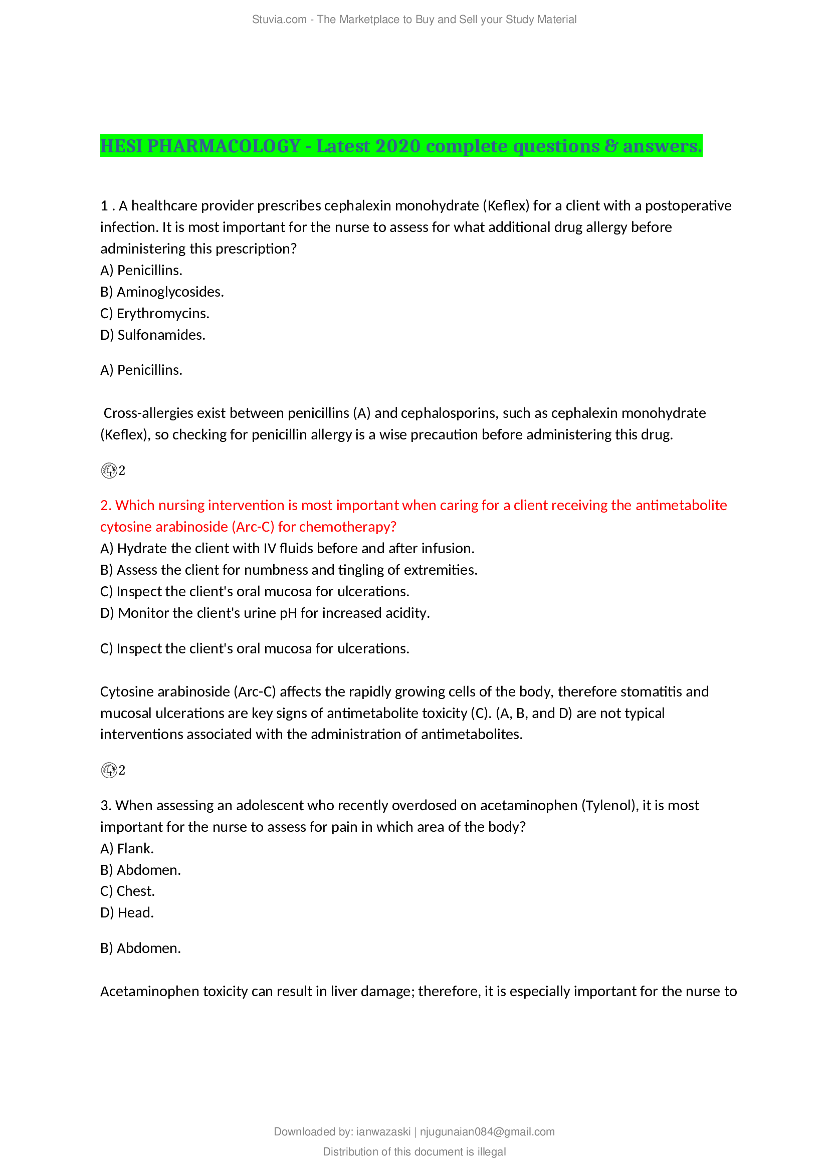 HESI PHARMACOLOGY - Latest 2020 complete questions & answers.