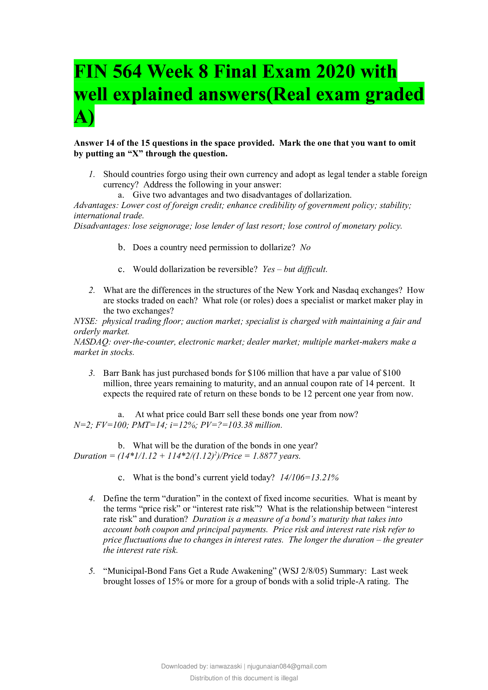 FIN 564 Week 8 Final Exam 2020 with well explained answers(Real exam graded A).