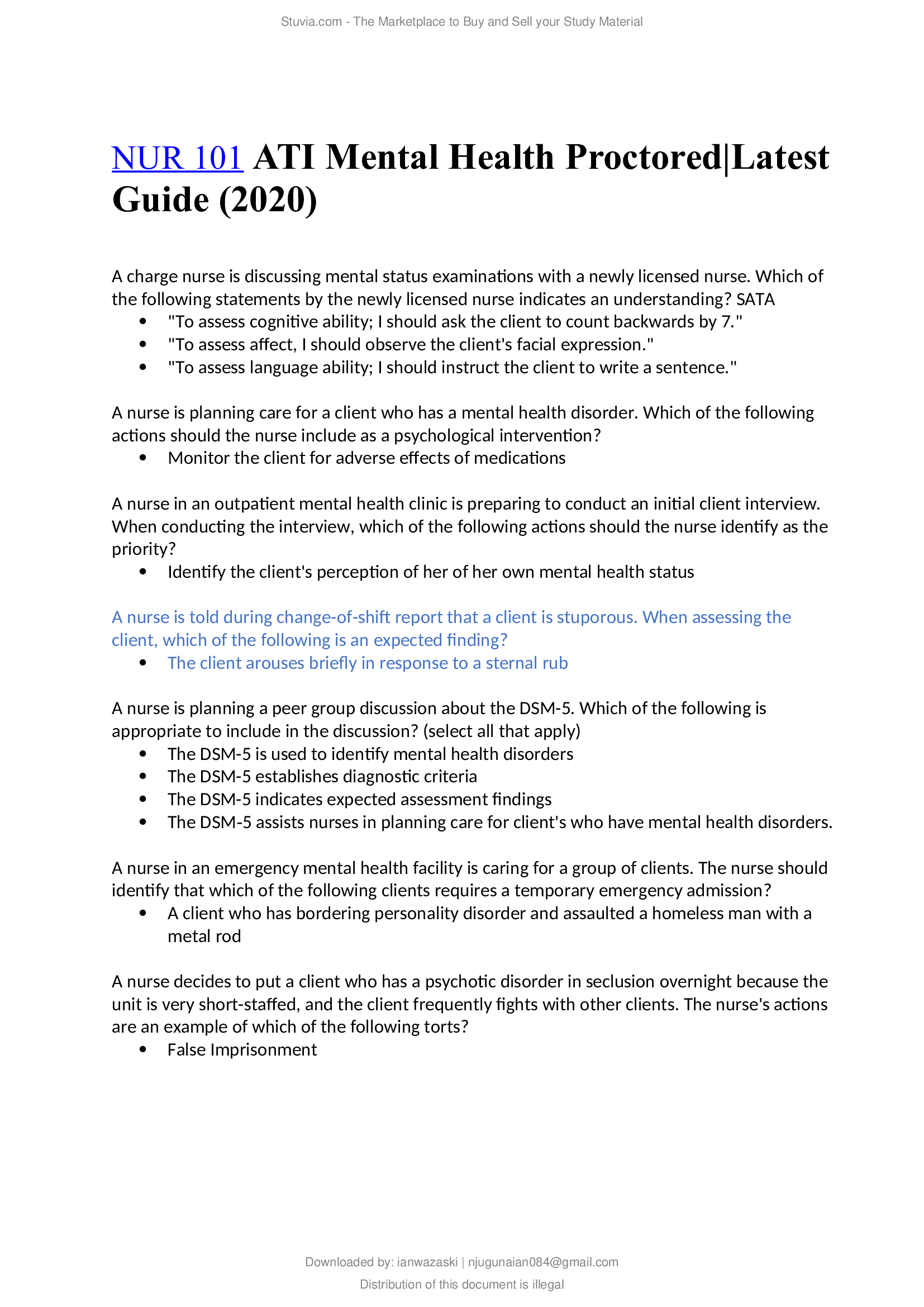 NUR 101 ATI Mental Health Proctored, Latest Guide (2020).