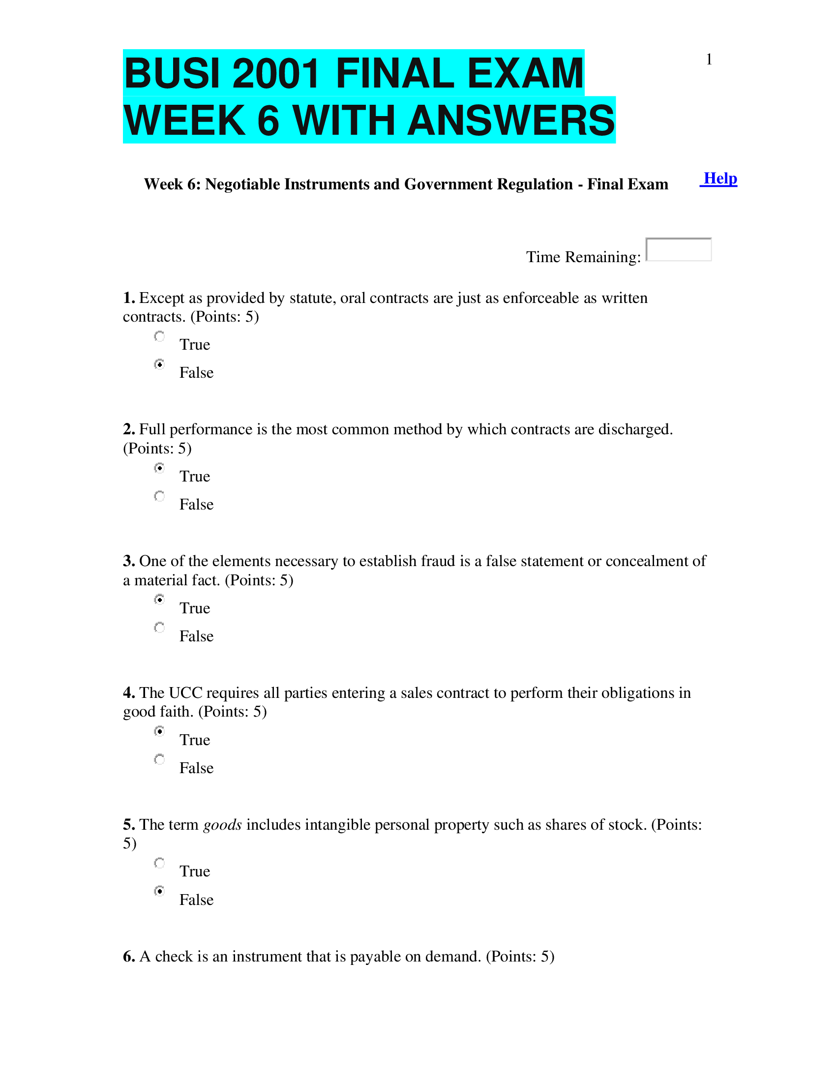 BUSI 2001 FINAL EXAM WEEK 6 WITH ANSWERS.