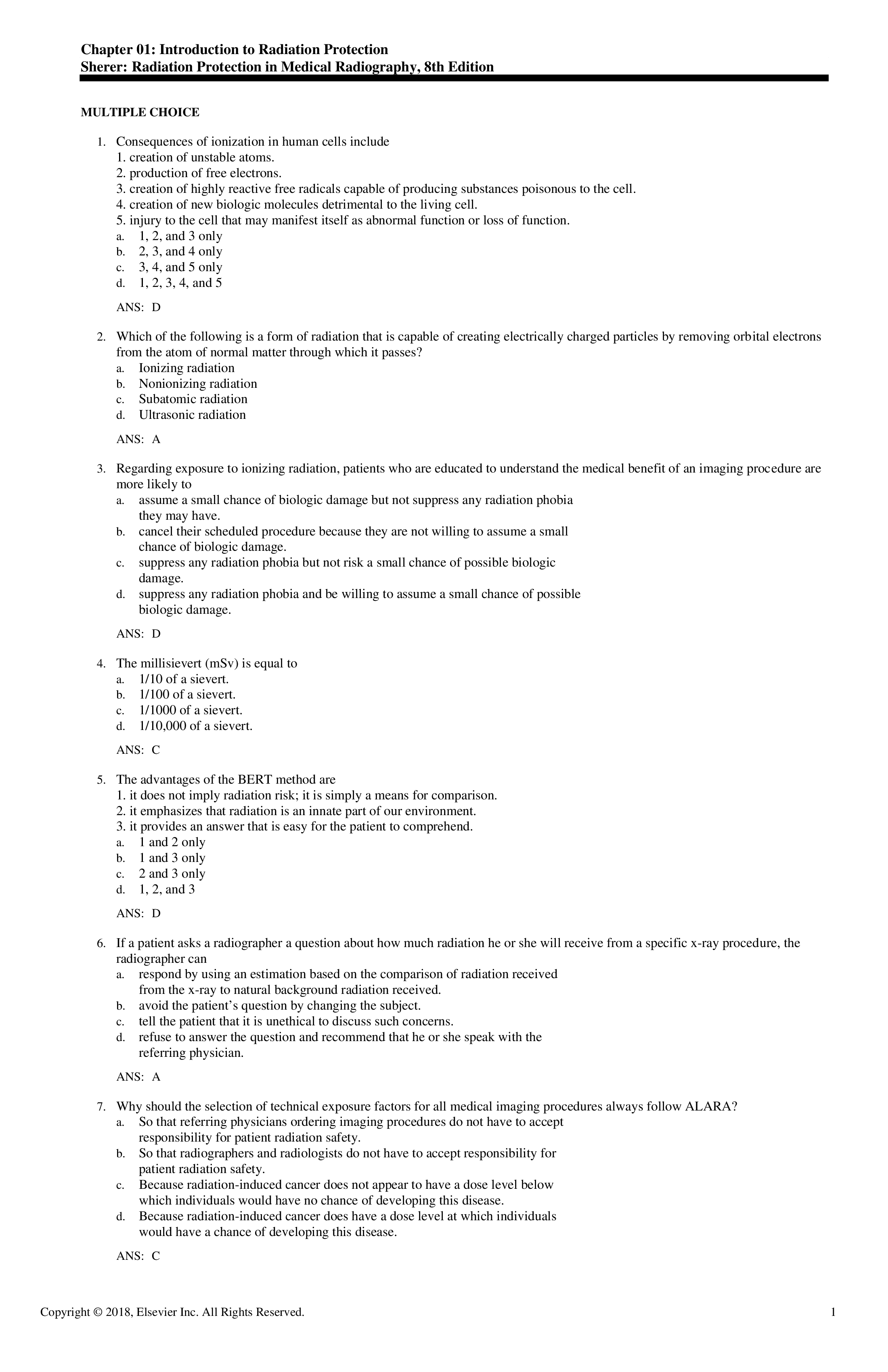 Test Bank for Radiation Protection in Medical Radiography 8th Edition by Sherer