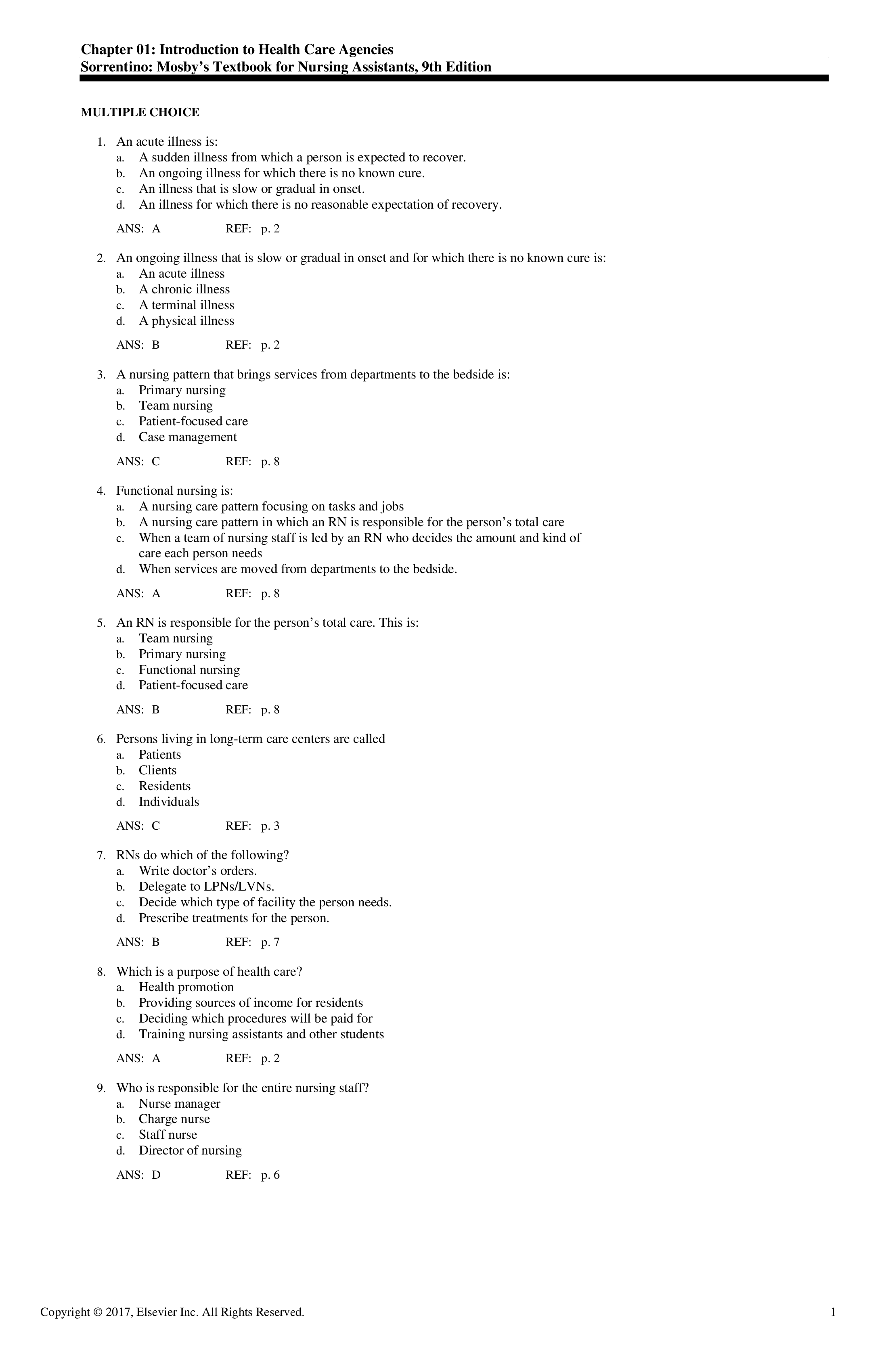 Test Bank for Mosbys Textbook for Nursing Assistants 9th Edition by Sorrentino