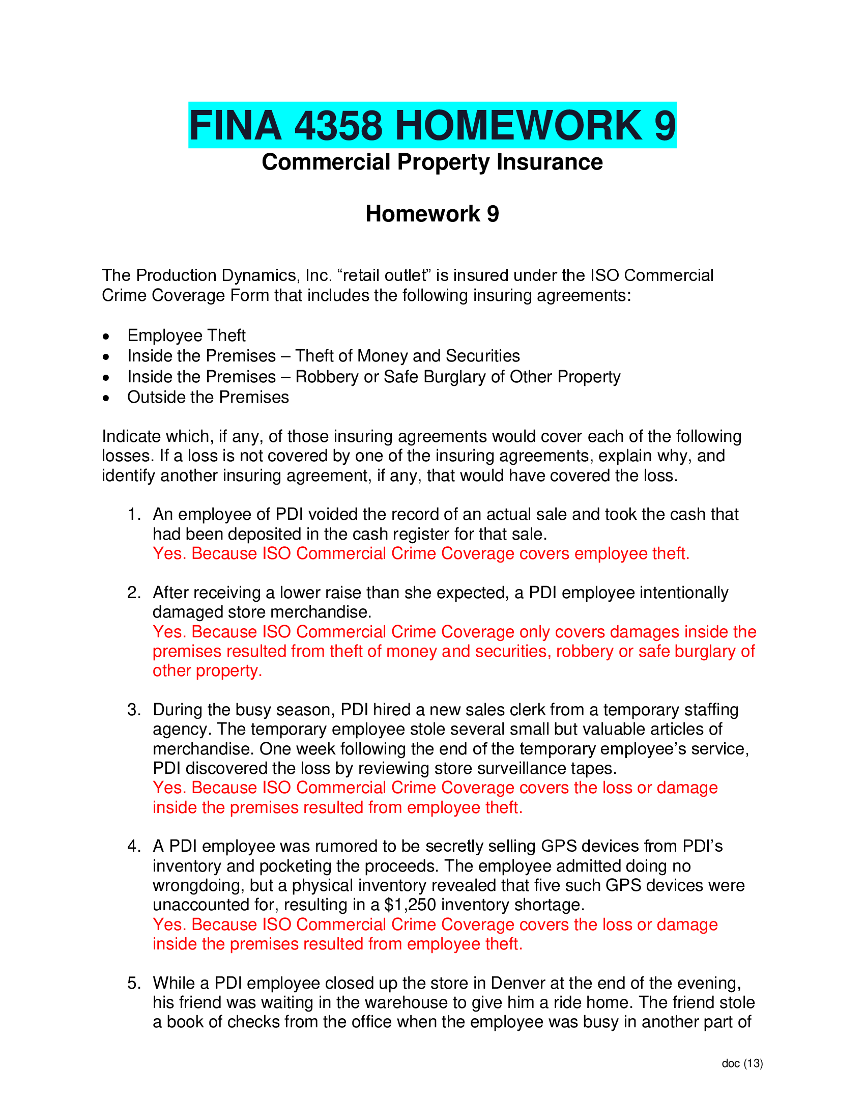 FINA 4358 HOMEWORK 9 Commercial Property Insurance.