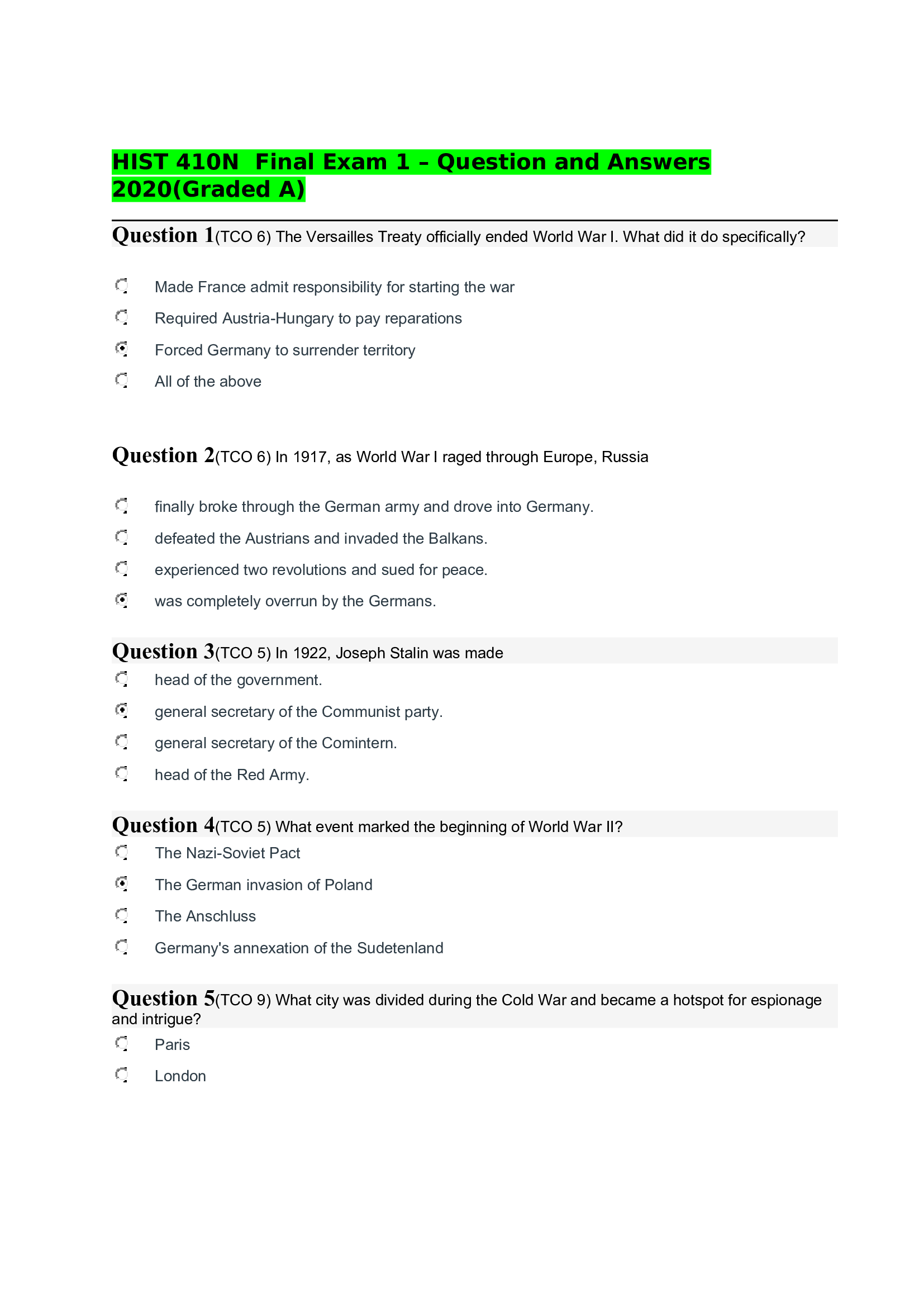 HIST 410N Final Exam 1 – Question and Answers 2020(Graded A).