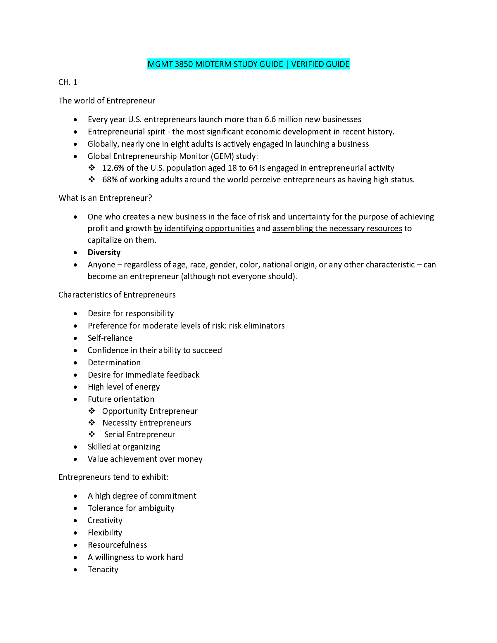 MGMT 3850 MIDTERM STUDY GUIDE VERIFIED GUIDE.