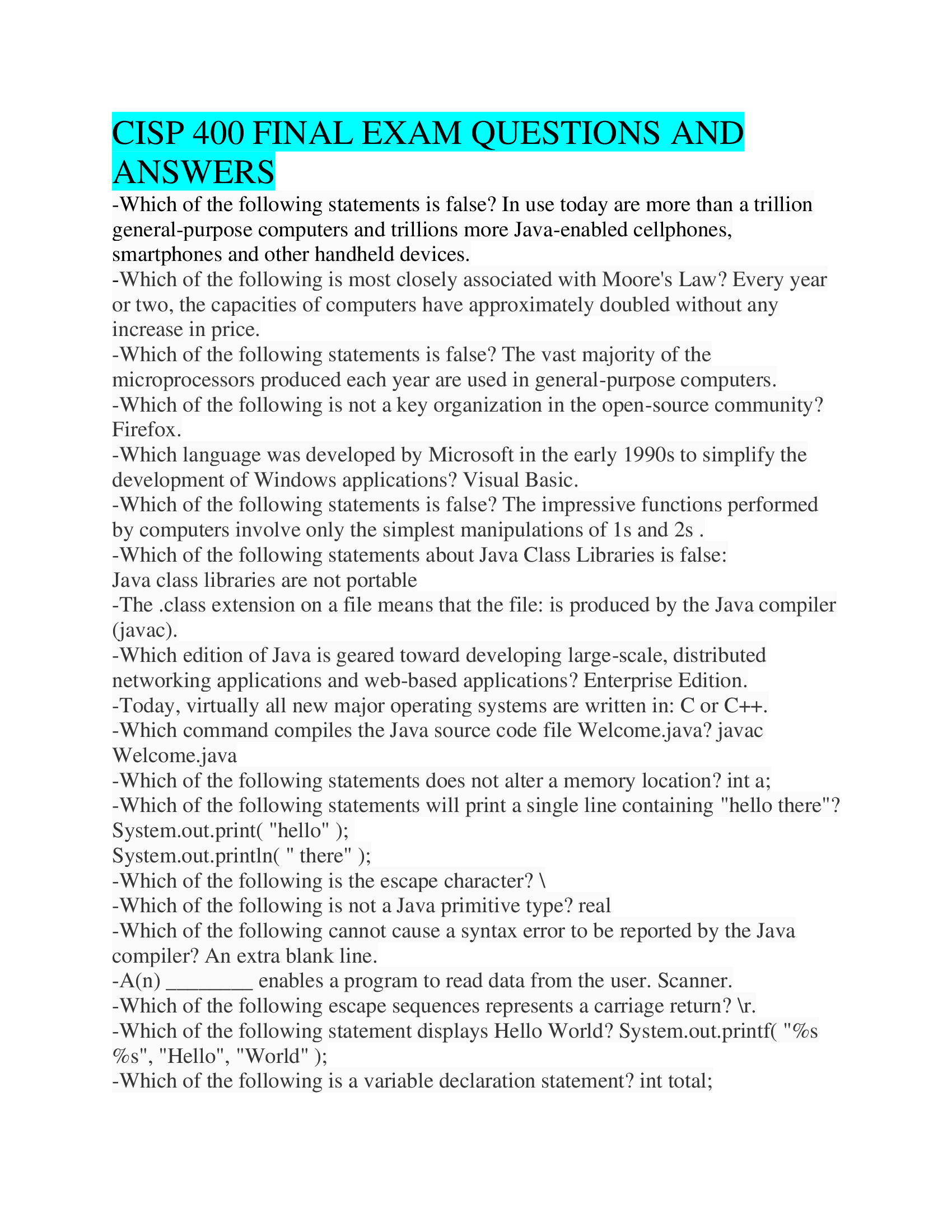 CISP 400 FINAL EXAM PREDICTED QUESTIONS AND ANSWERS.