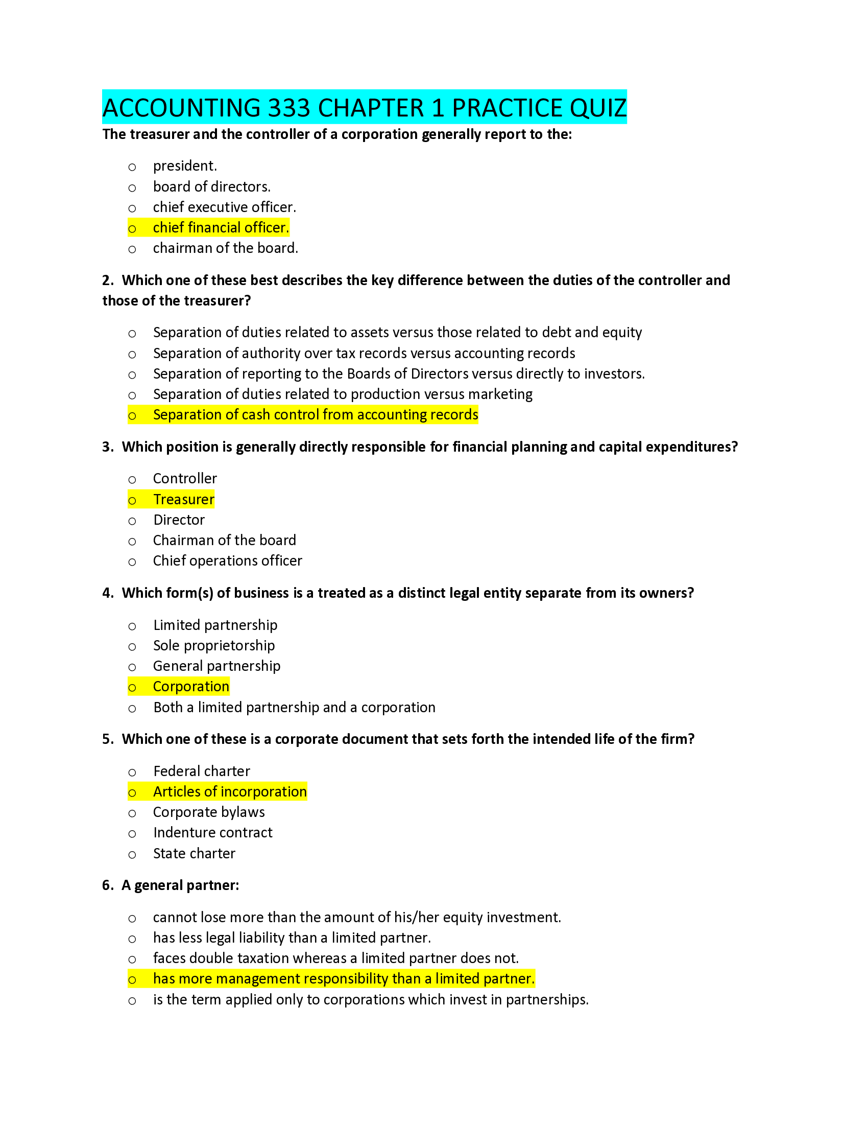 ACCOUNTING 333 CHAPTER 1 PRACTICE QUIZ.