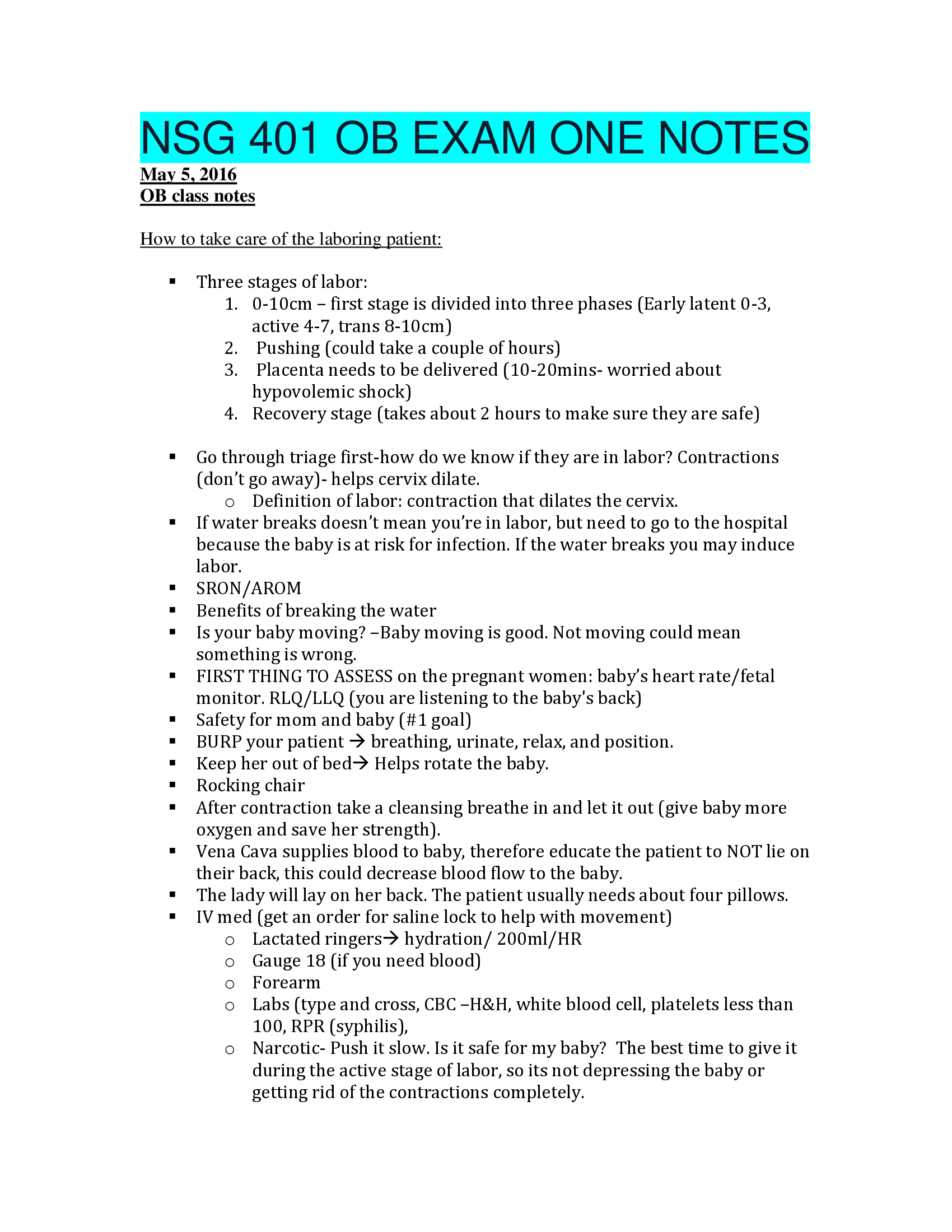 NSG 401 OB EXAM ONE NOTES.