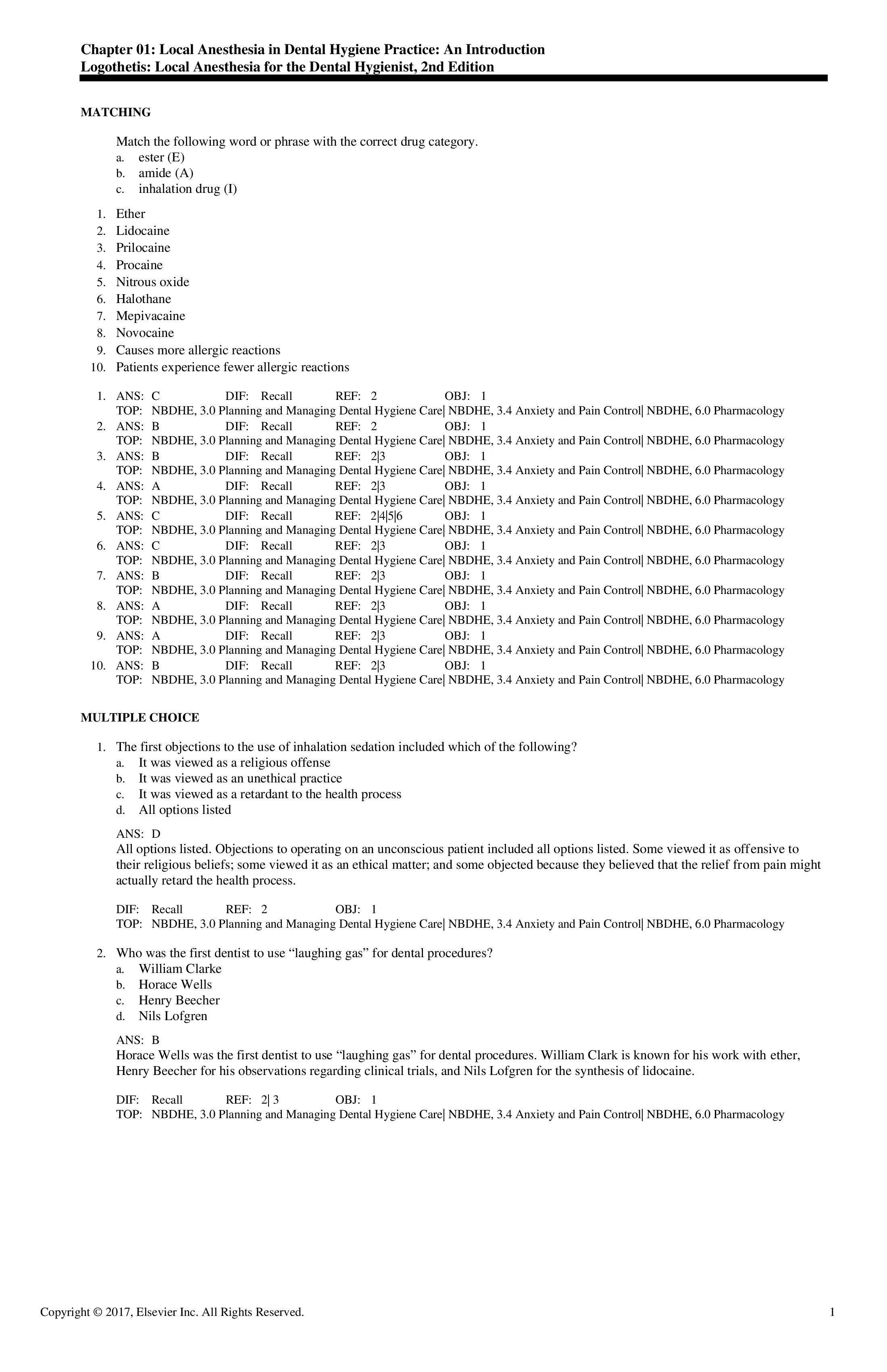 Test Bank for Local Anesthesia for the Dental Hygienist 2nd Edition by Logothetis.