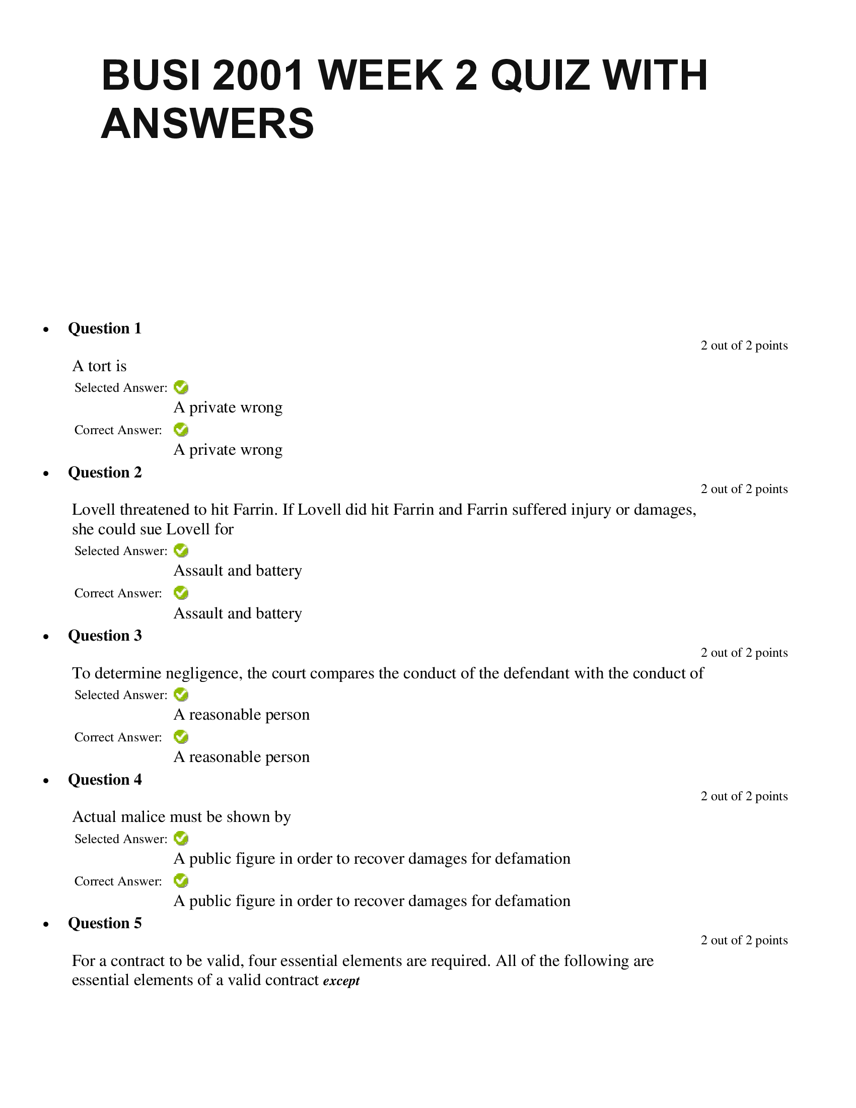 BUSI 2001 WEEK 2 QUIZ WITH ANSWERS.