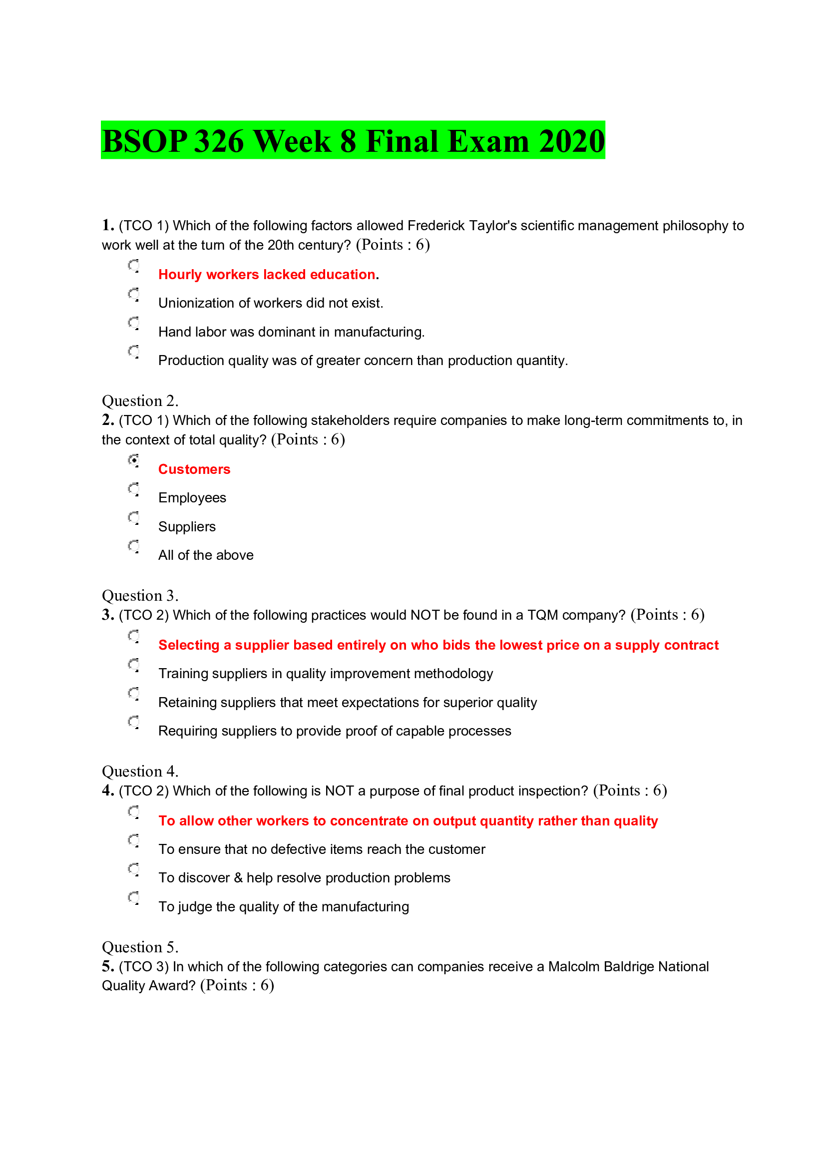 BSOP 326 Week 8 Final Exam 2020.