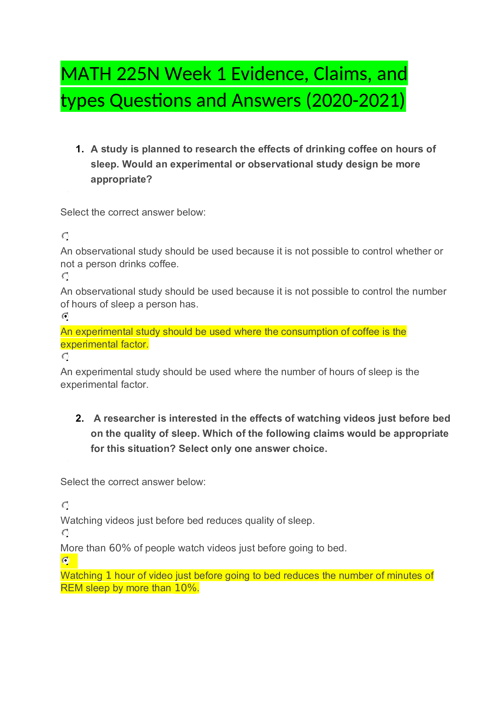 MATH 225N Week 1 Evidence, Claims, and types Questions and Answers (2020-2021).