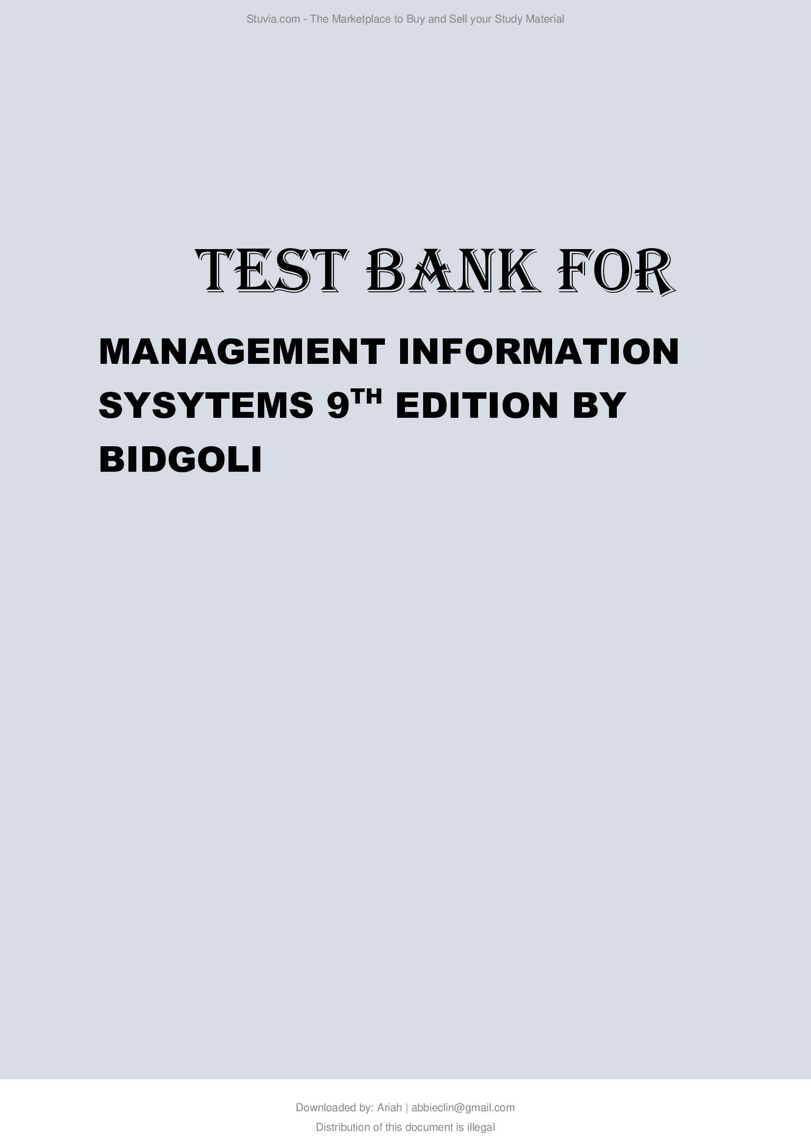 Test Bank  for MIS, 9th Edition By Hossein Bidgoli