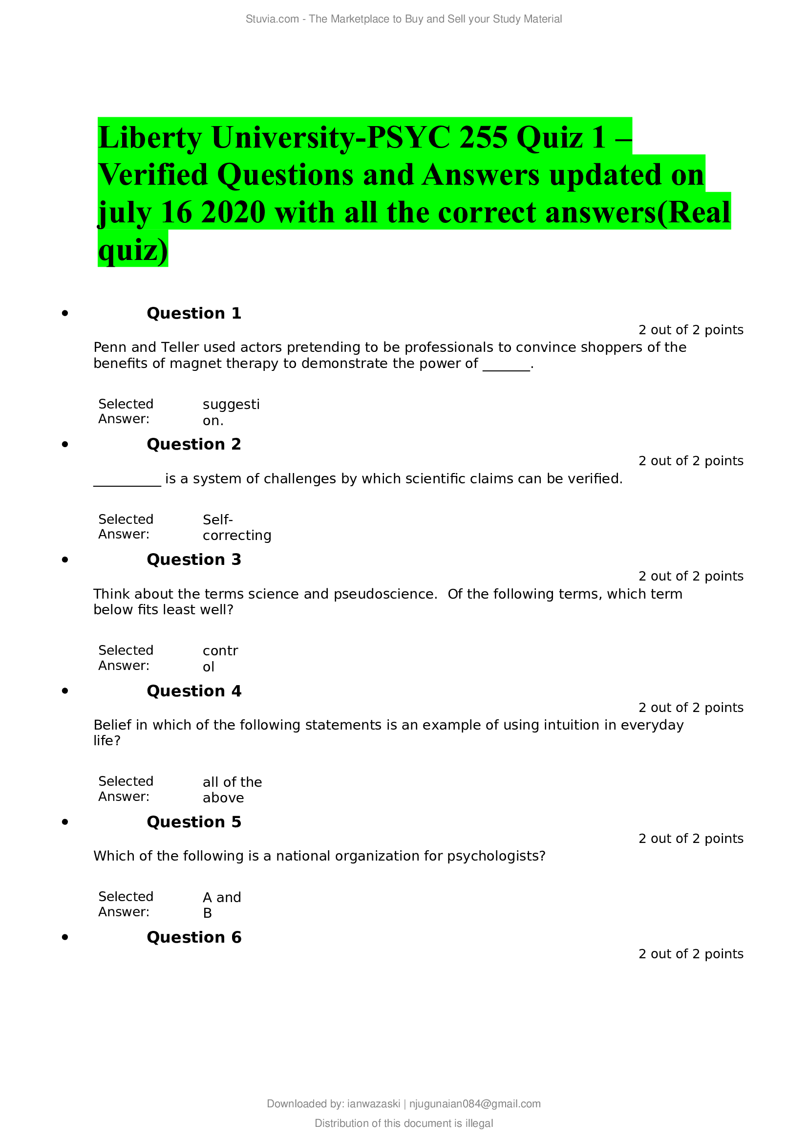 Liberty University-PSYC 255 Quiz 1 –Verified Questions and Answers updated on july 16 2020 with all the correct answers