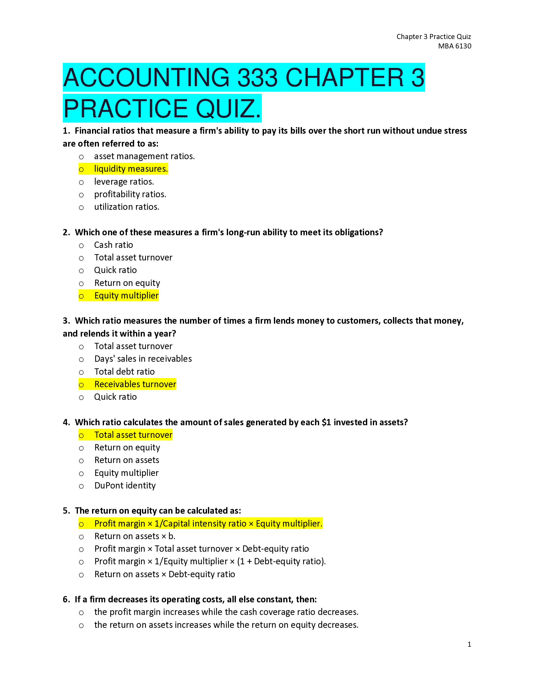 ACCOUNTING 333 CHAPTER 3 PRACTICE QUIZ.