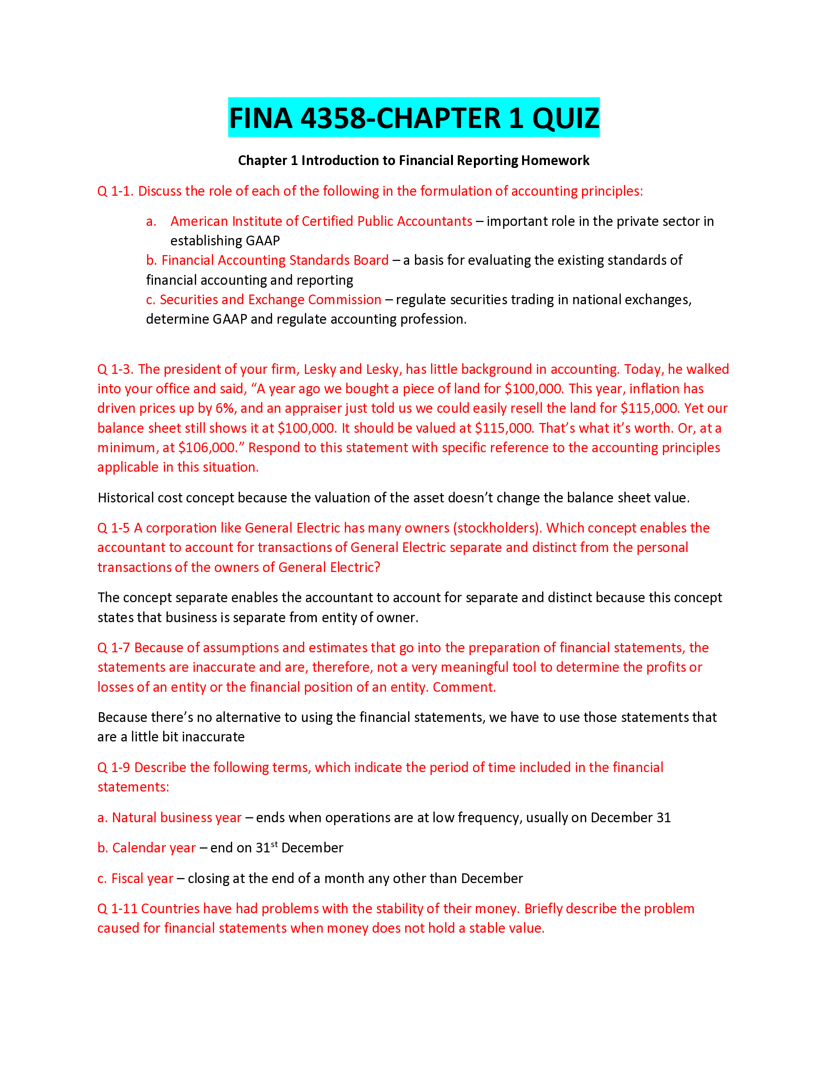 FINA 4358-CHAPTER 1 QUIZ.