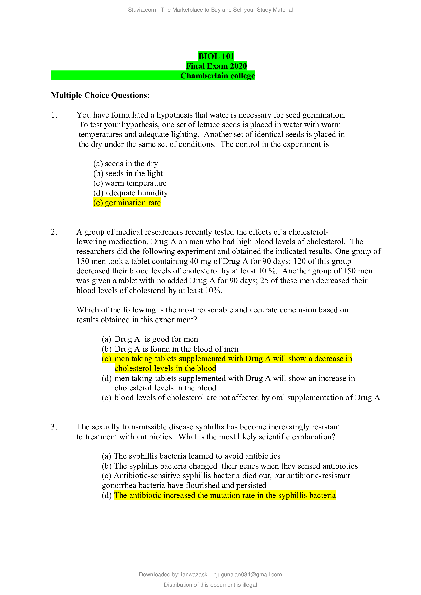 BIOL 101 Final Exam 2020 Chamberlain college.