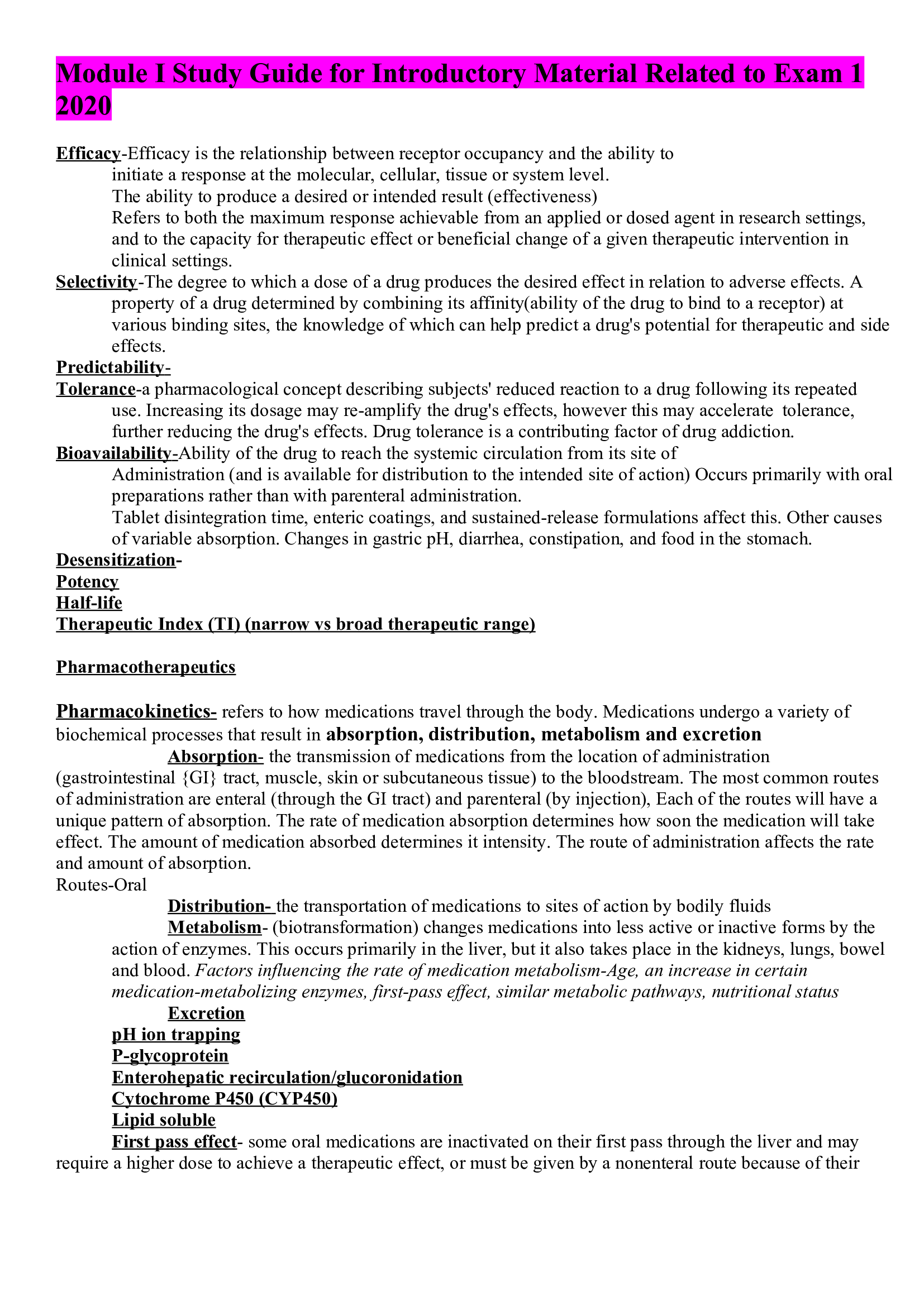 Module I Study Guide for Introductory Material Related to Exam 1 2020.