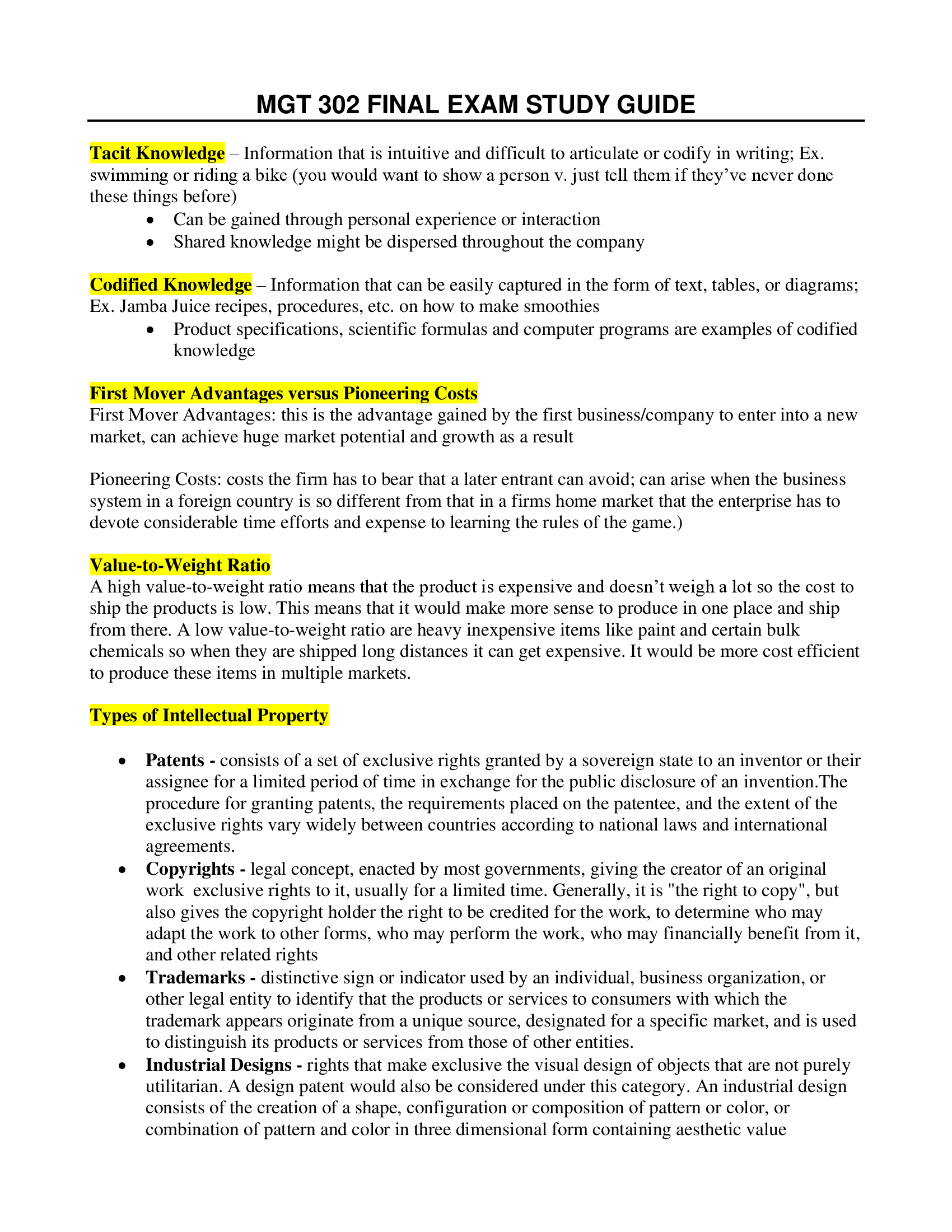 MGT 302 FINAL EXAM STUDY GUIDE.