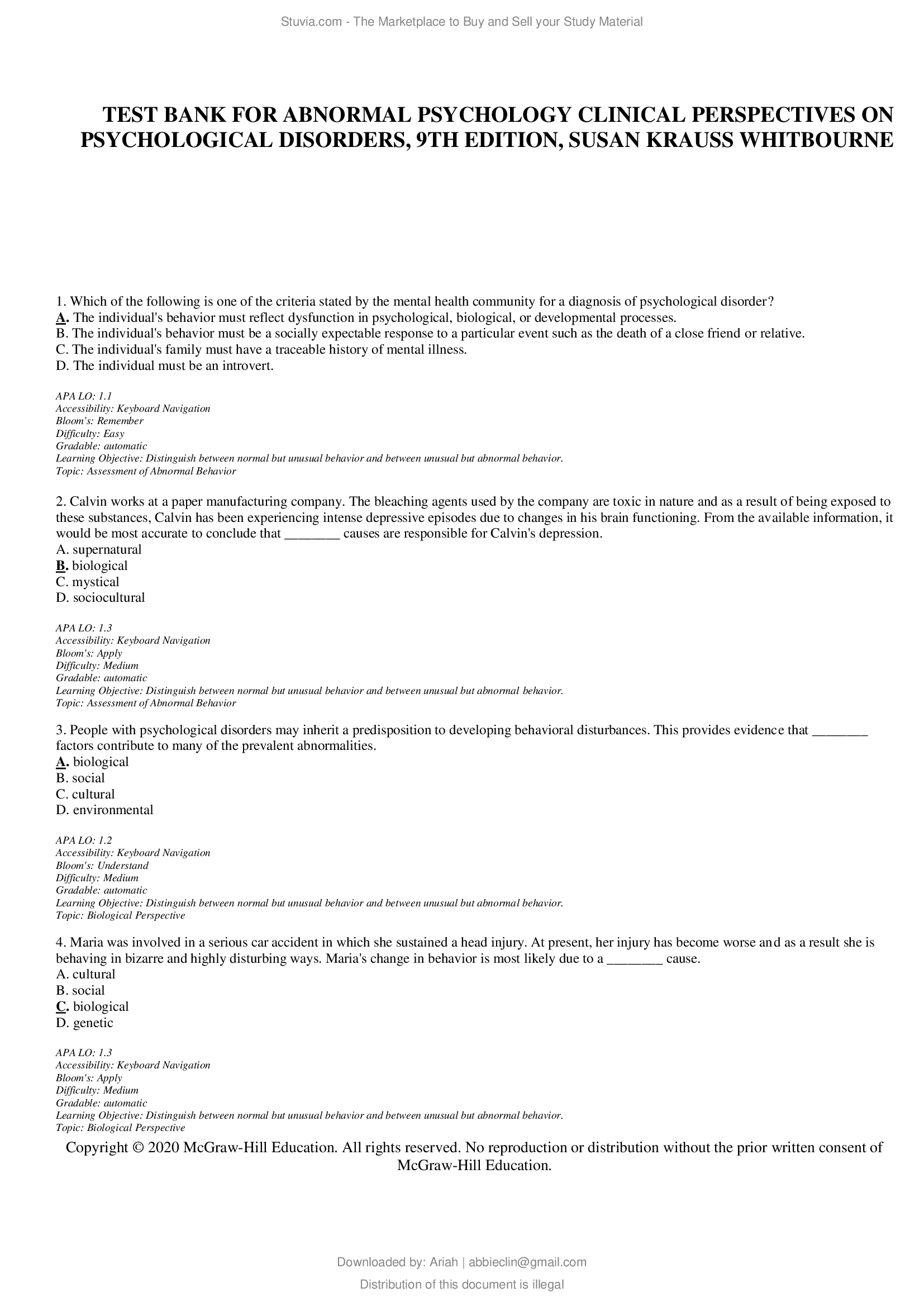 Abnormal Psychology: Clinical Perspectives on Psychological Disorders 9th Edition By Susan Krauss  Test Bank