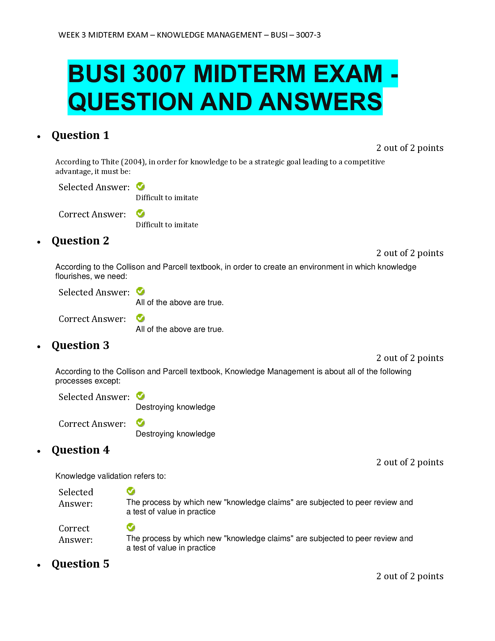 BUSI 3007 MIDTERM EXAM - QUESTION AND ANSWERS.