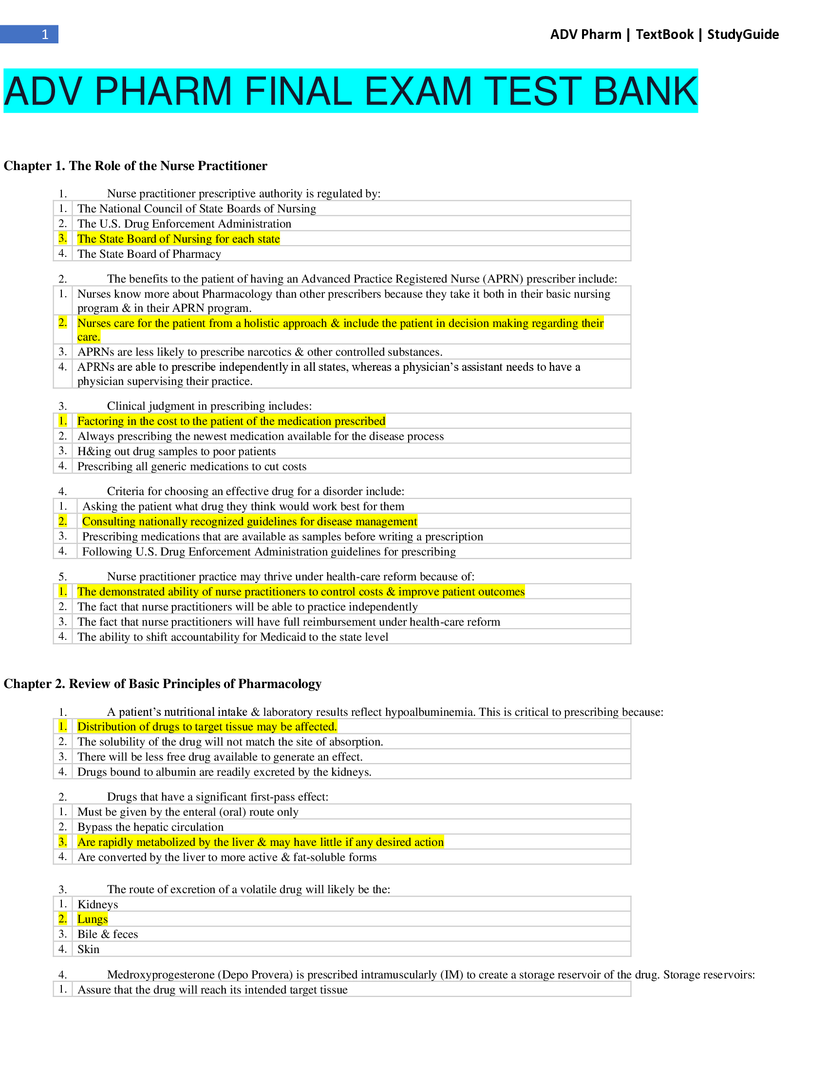 ADV PHARM FINALS PREDICTONS EXAM TEST BANK.