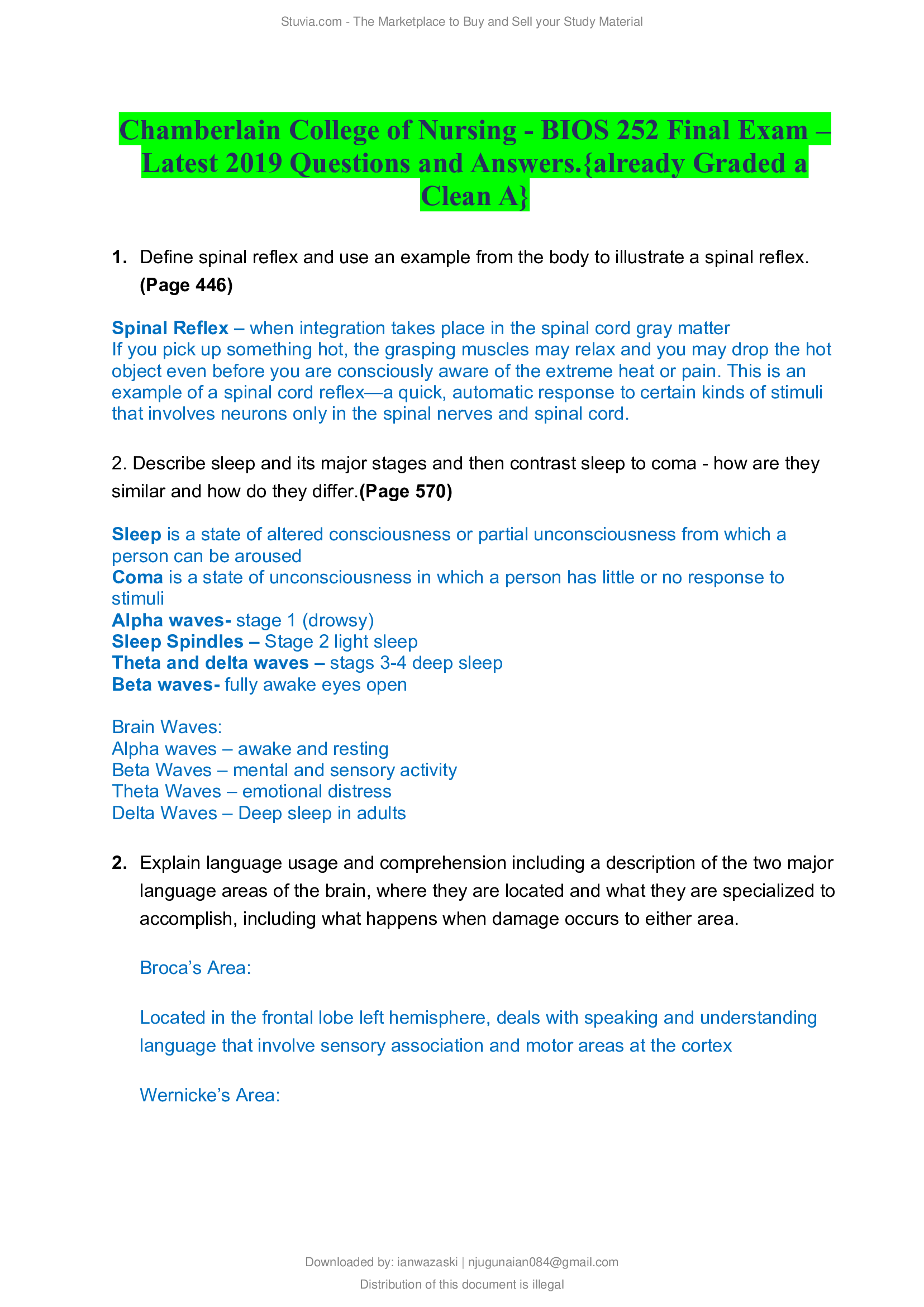 Chamberlain College of Nursing - BIOS 252 Final Exam –Latest 2019 Questions and Answers.{already Graded a Clean A}